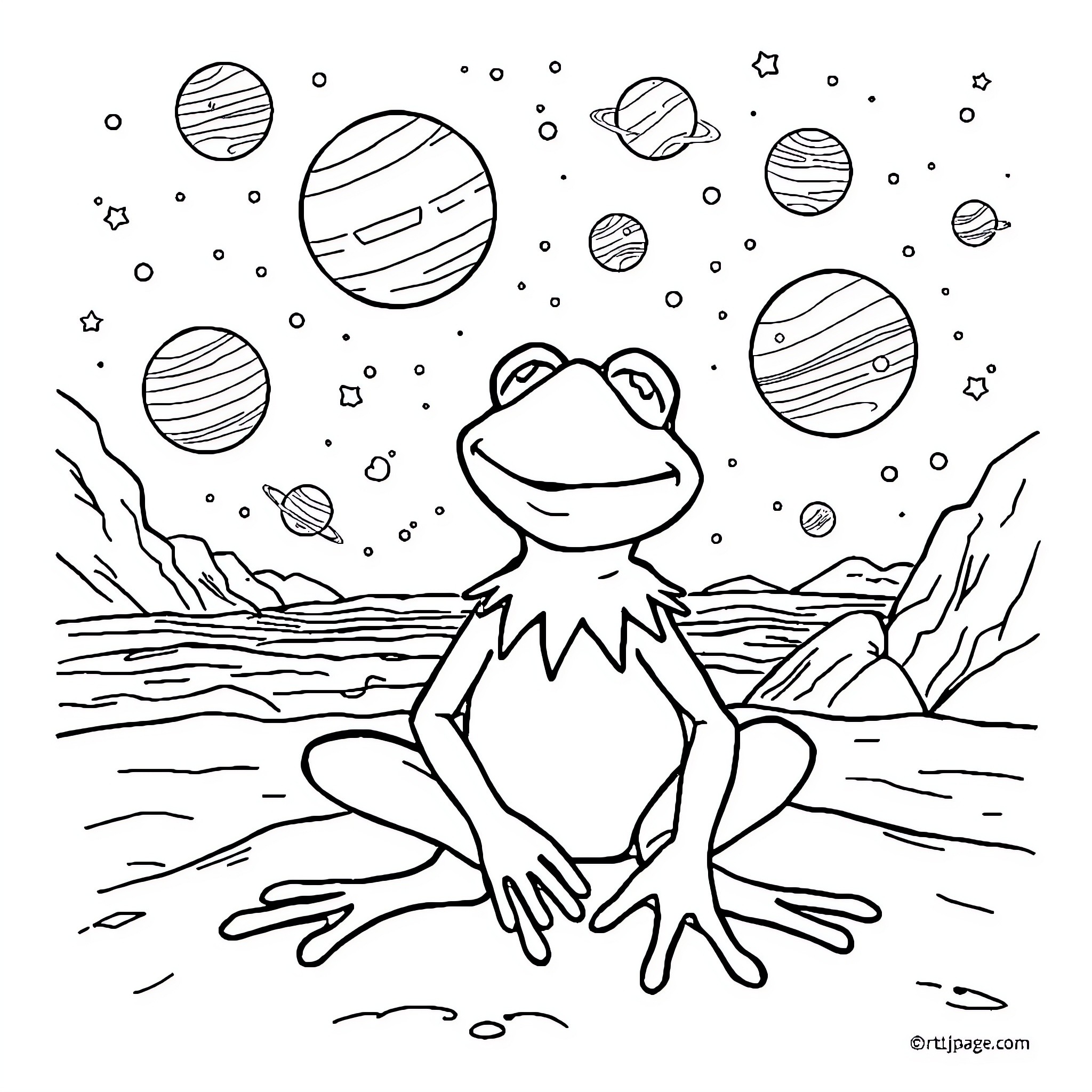 Kermit the Frog enjoying the celestial landscape Coloring Page (free black-and-white line drawing printable PDF for all, from beginners to advanced learners, including children, teens, adults, and seniors)