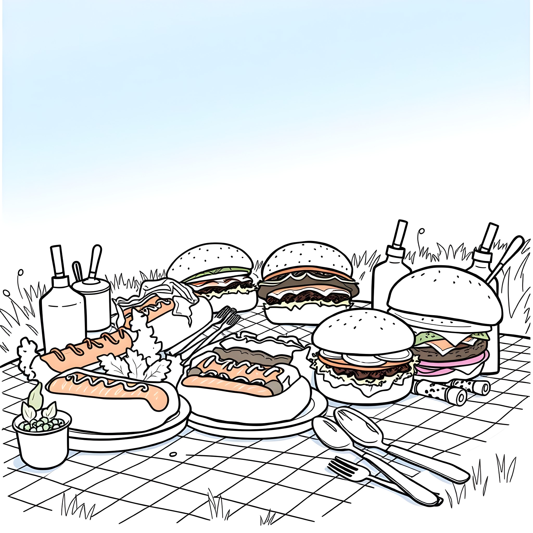 Hotdog And Hamburger Fun Outdoor Picnic Coloring Page (free black-and-white line drawing printable PDF for all, from beginners to advanced learners, including children, teens, adults, and seniors)