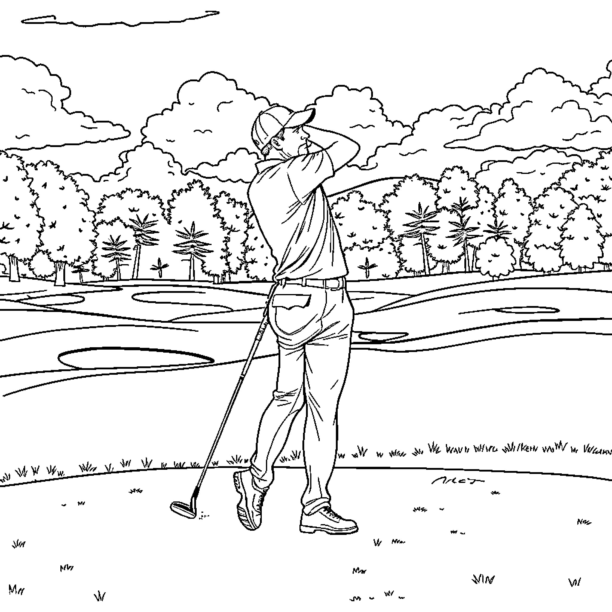 Golfer taking a swing on a sunny day Coloring Page (free black-and-white line drawing printable PDF for all, from beginners to advanced learners, including children, teens, adults, and seniors)