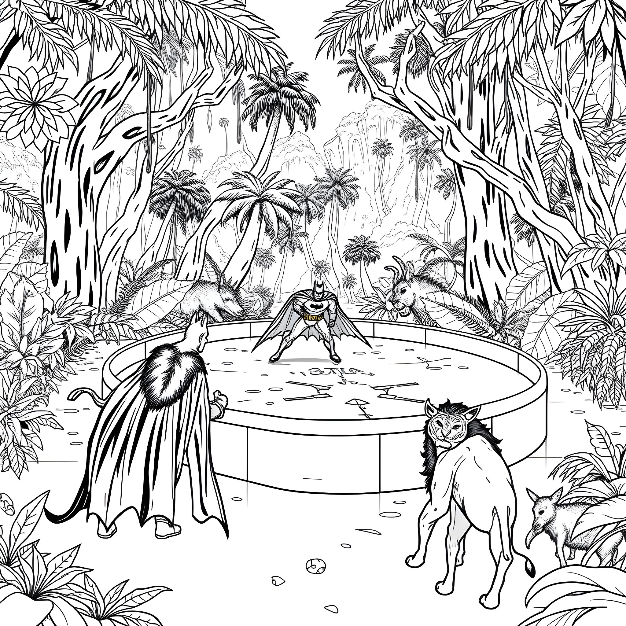 Batman Protects the Jungle Villagers from Threats Coloring Page (free black-and-white line drawing printable PDF for all, from beginners to advanced learners, including children, teens, adults, and seniors)