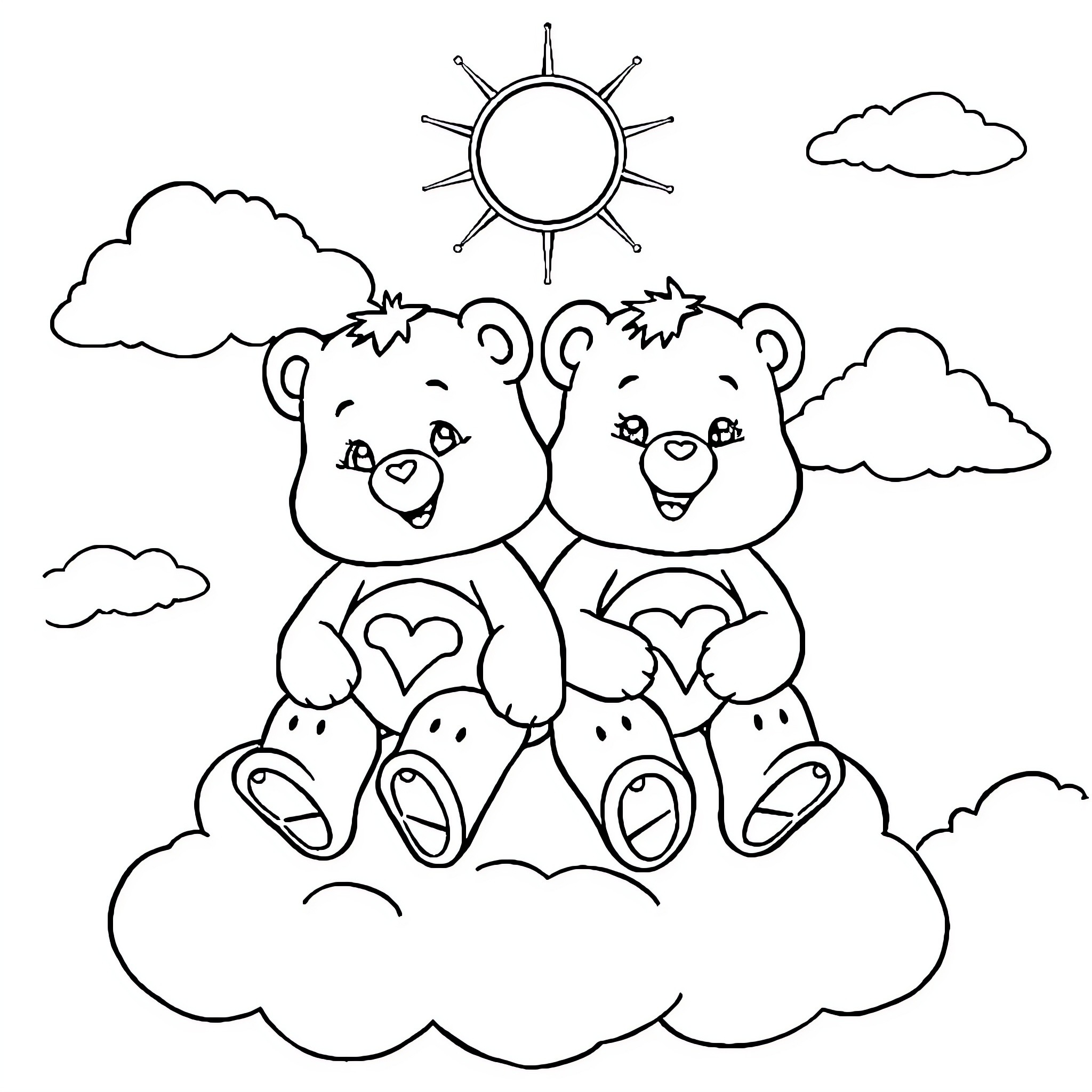 Care Bears enjoying a sunny day on the clouds Coloring Page (free black-and-white line drawing printable PDF for all, from beginners to advanced learners, including children, teens, adults, and seniors)