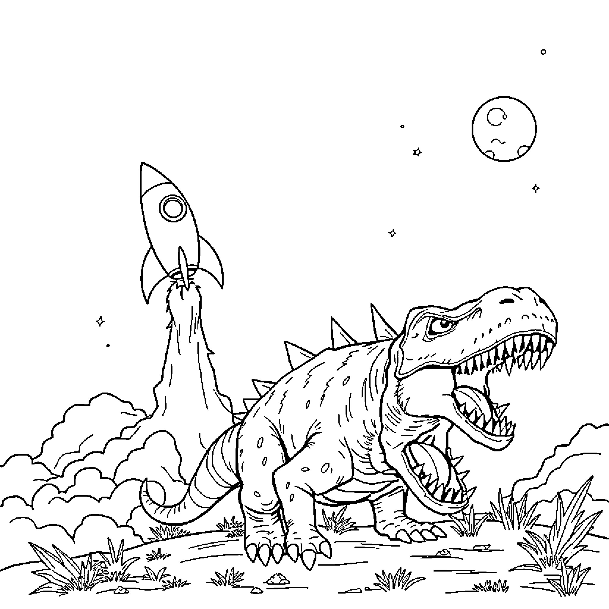 Rocket launching into space with dinosaur in the foreground Coloring Page (free black-and-white line drawing printable PDF for all, from beginners to advanced learners, including children, teens, adults, and seniors)