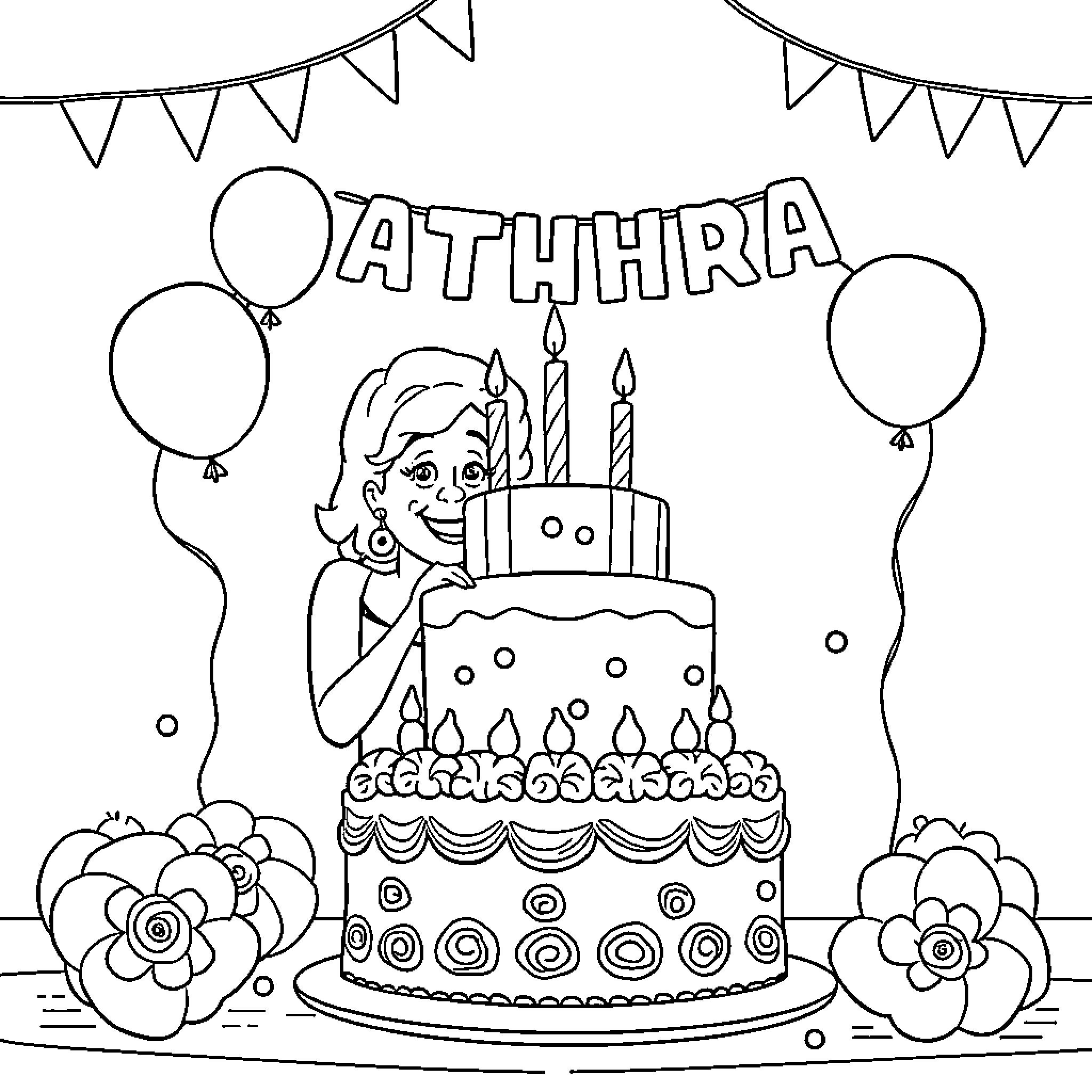 Grandma celebrating birthday with cake and balloons Coloring Page (free black-and-white line drawing printable PDF for all, from beginners to advanced learners, including children, teens, adults, and seniors)