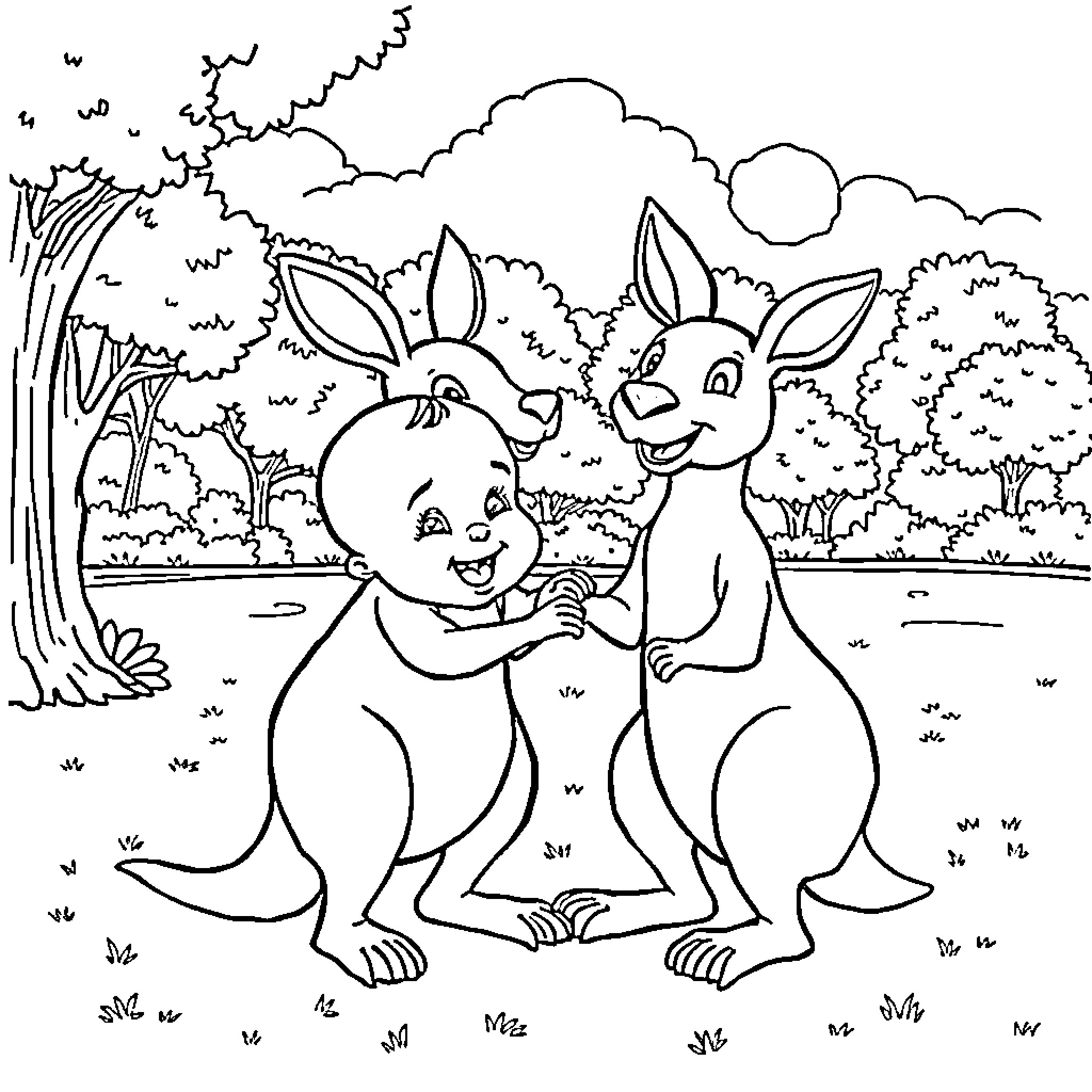 Baby bunnies playing joyfully in the forest Coloring Page (free black-and-white line drawing printable PDF for all, from beginners to advanced learners, including children, teens, adults, and seniors)