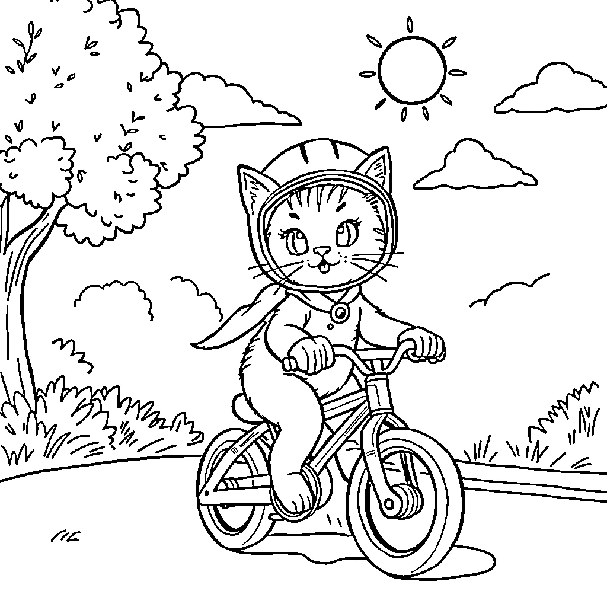 Cat riding a bicycle in the park Coloring Page (free black-and-white line drawing printable PDF for all, from beginners to advanced learners, including children, teens, adults, and seniors)