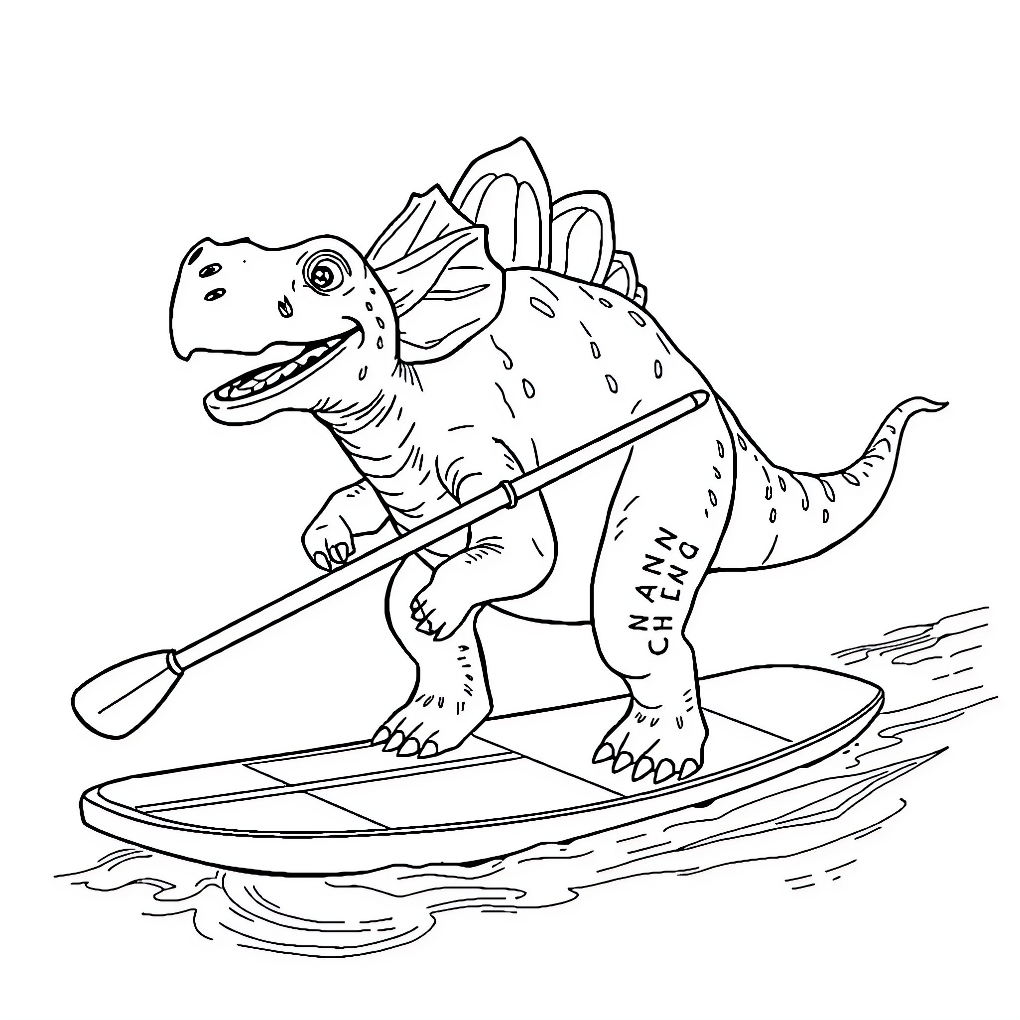 Triceratops paddling on a surfboard Coloring Page (free black-and-white line drawing printable PDF for all, from beginners to advanced learners, including children, teens, adults, and seniors)
