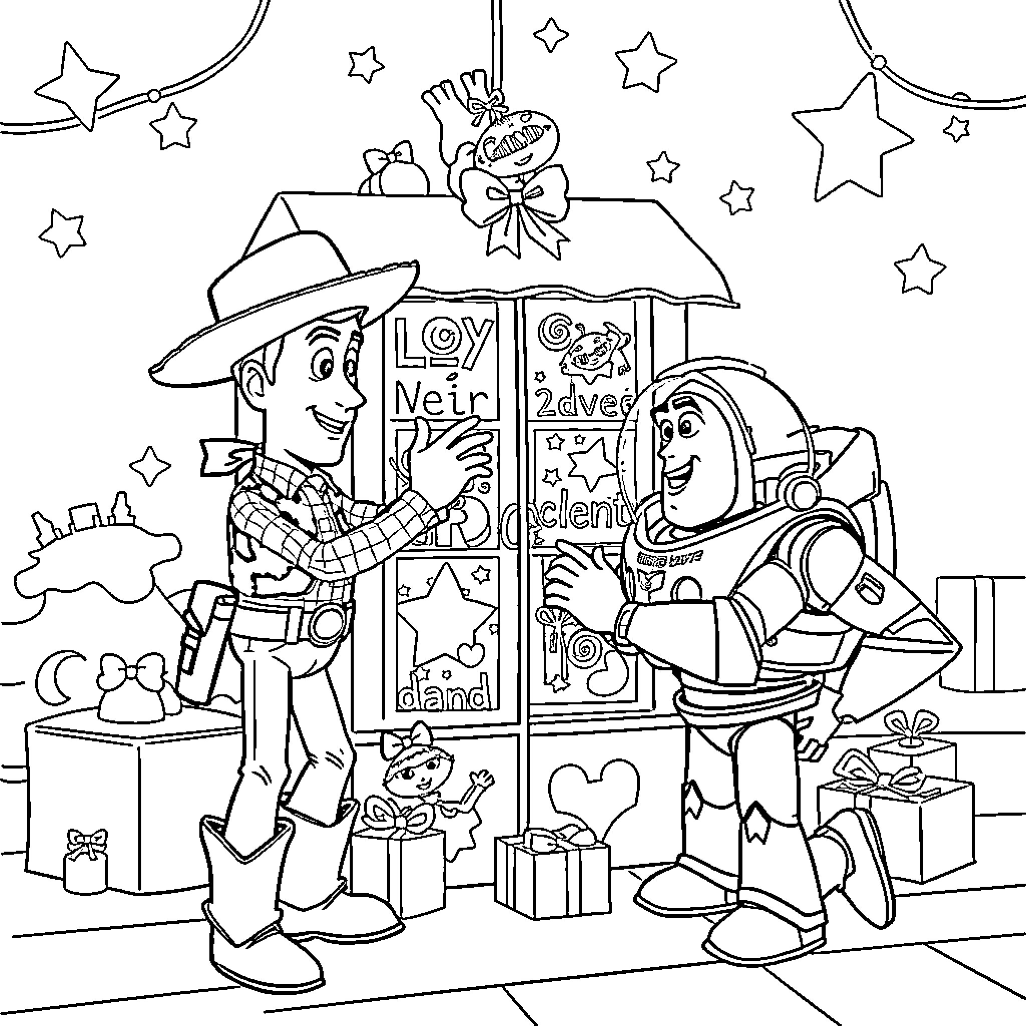 Toy Story Characters Sharing Holiday Gifts Coloring Page (free black-and-white line drawing printable PDF for all, from beginners to advanced learners, including children, teens, adults, and seniors)