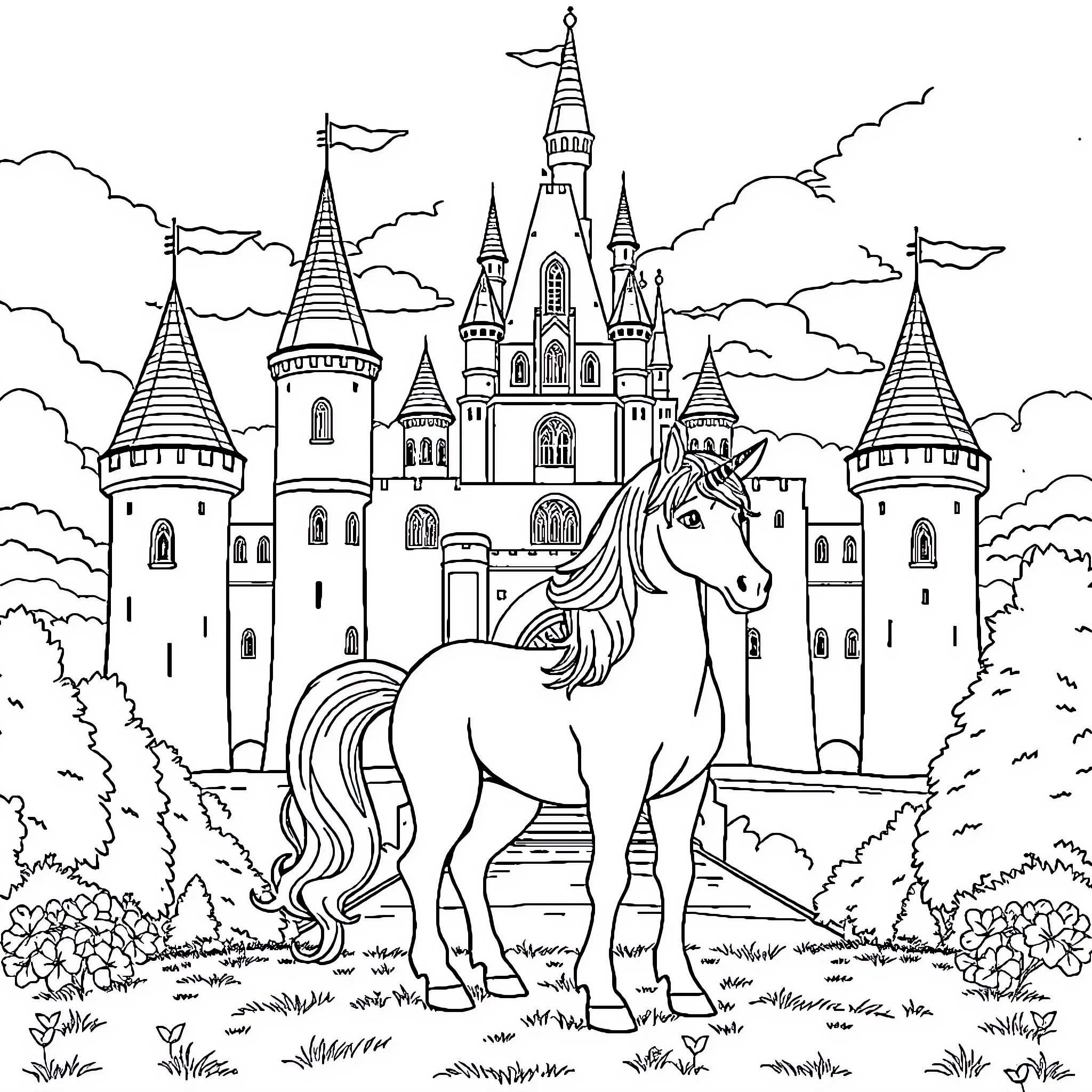 Unicorn standing proudly before a magical castle Coloring Page (free black-and-white line drawing printable PDF for all, from beginners to advanced learners, including children, teens, adults, and seniors)