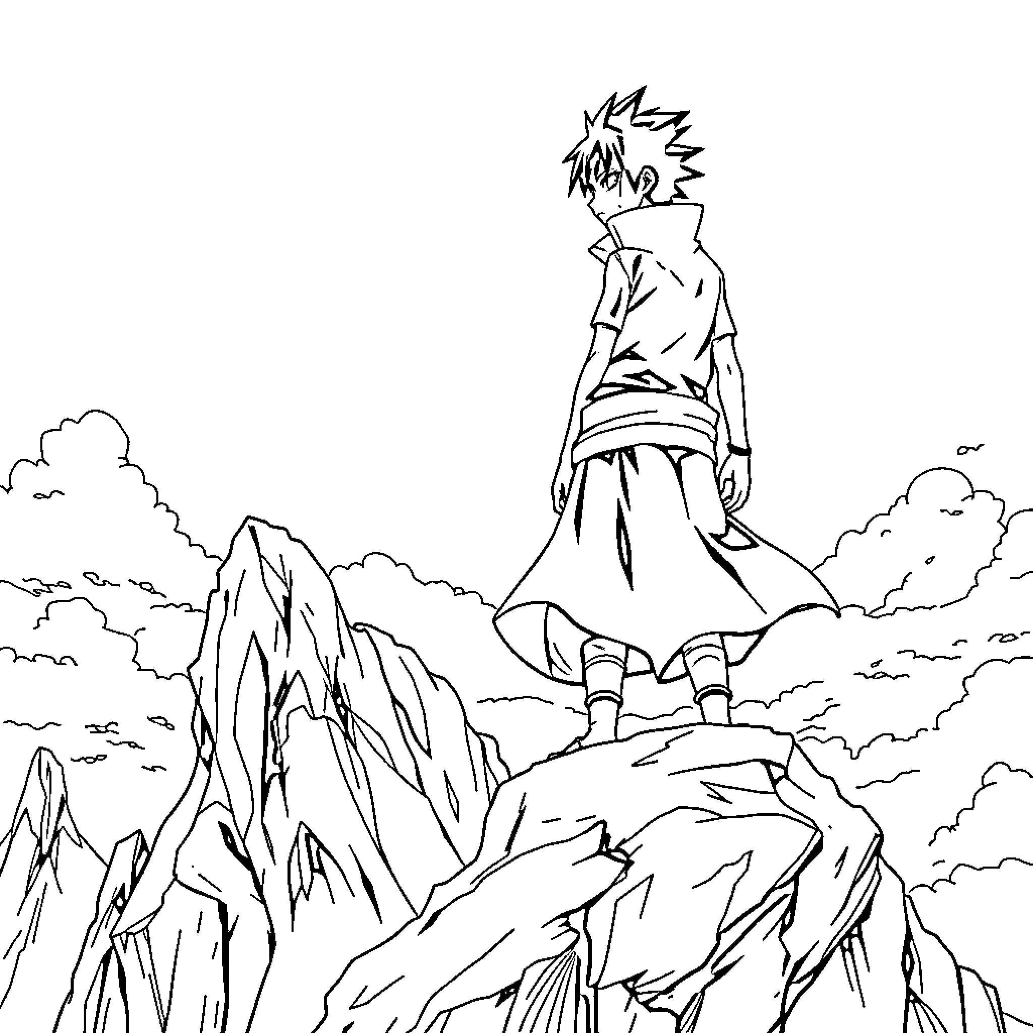 Sasuke standing atop a rocky mountain landscape Coloring Page (free black-and-white line drawing printable PDF for all, from beginners to advanced learners, including children, teens, adults, and seniors)