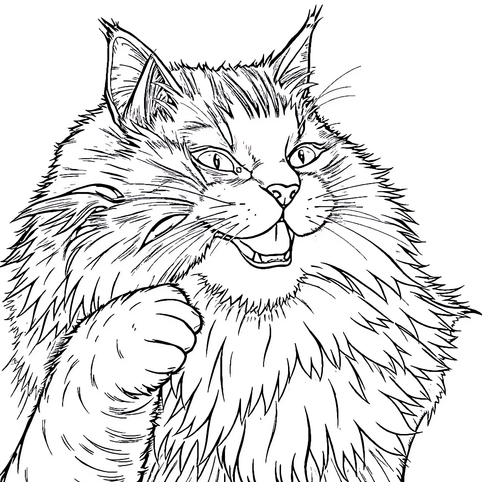 Maine Coon Cat Playfully Posed Coloring Page (free black-and-white line drawing printable PDF for all, from beginners to advanced learners, including children, teens, adults, and seniors)