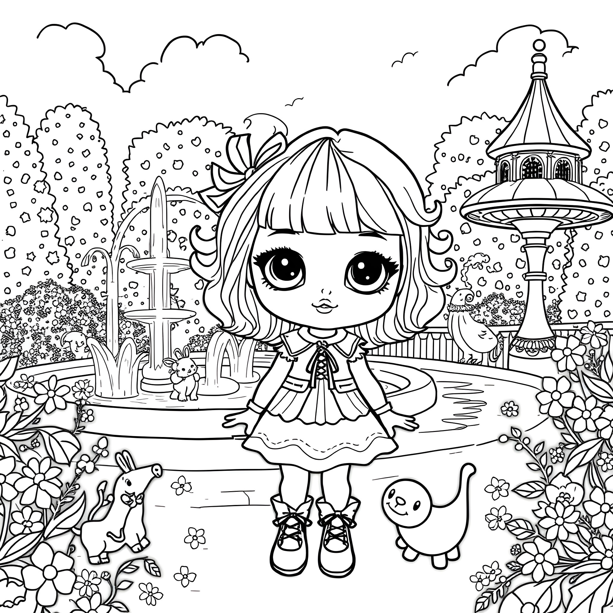 Doll in a beautiful garden with a whimsical gazebo Coloring Page (free black-and-white line drawing printable PDF for all, from beginners to advanced learners, including children, teens, adults, and seniors)