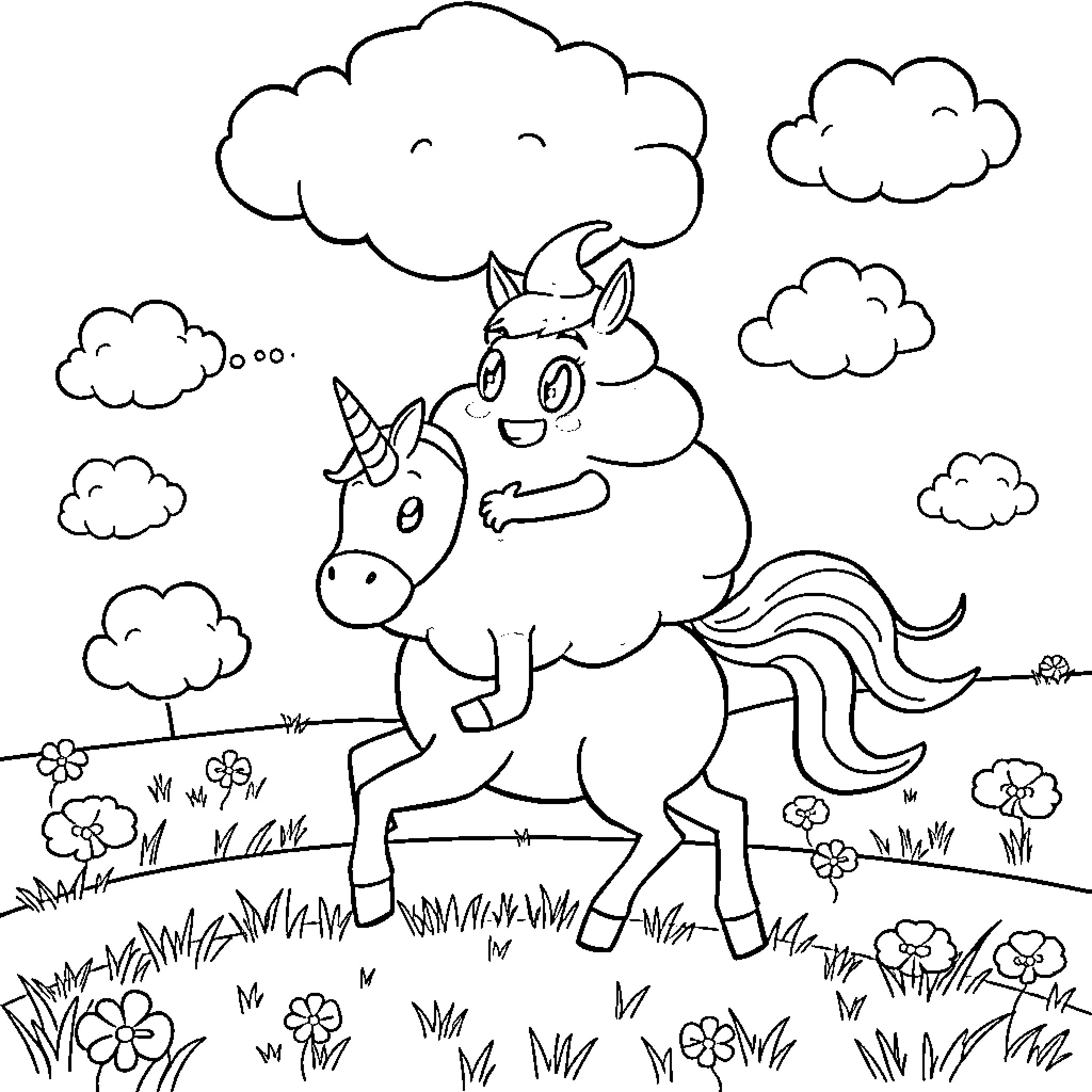 Poop Dreaming Unicorn in Colorful Meadow Coloring Page (free black-and-white line drawing printable PDF for all, from beginners to advanced learners, including children, teens, adults, and seniors)