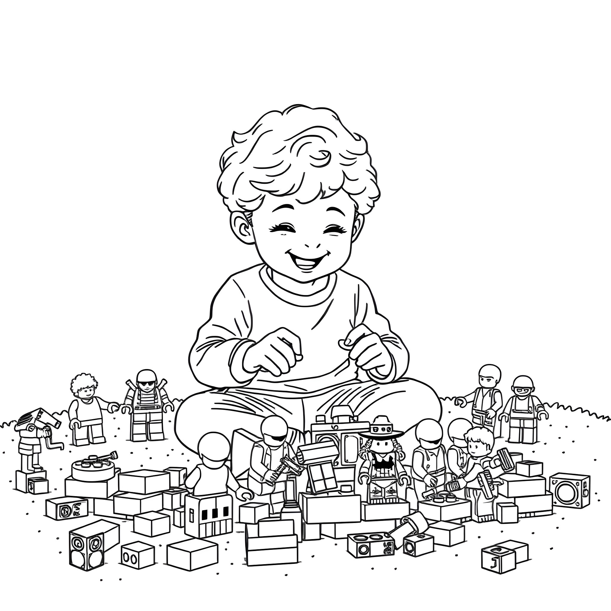 Boy playing joyfully with toy bricks Coloring Page (free black-and-white line drawing printable PDF for all, from beginners to advanced learners, including children, teens, adults, and seniors)