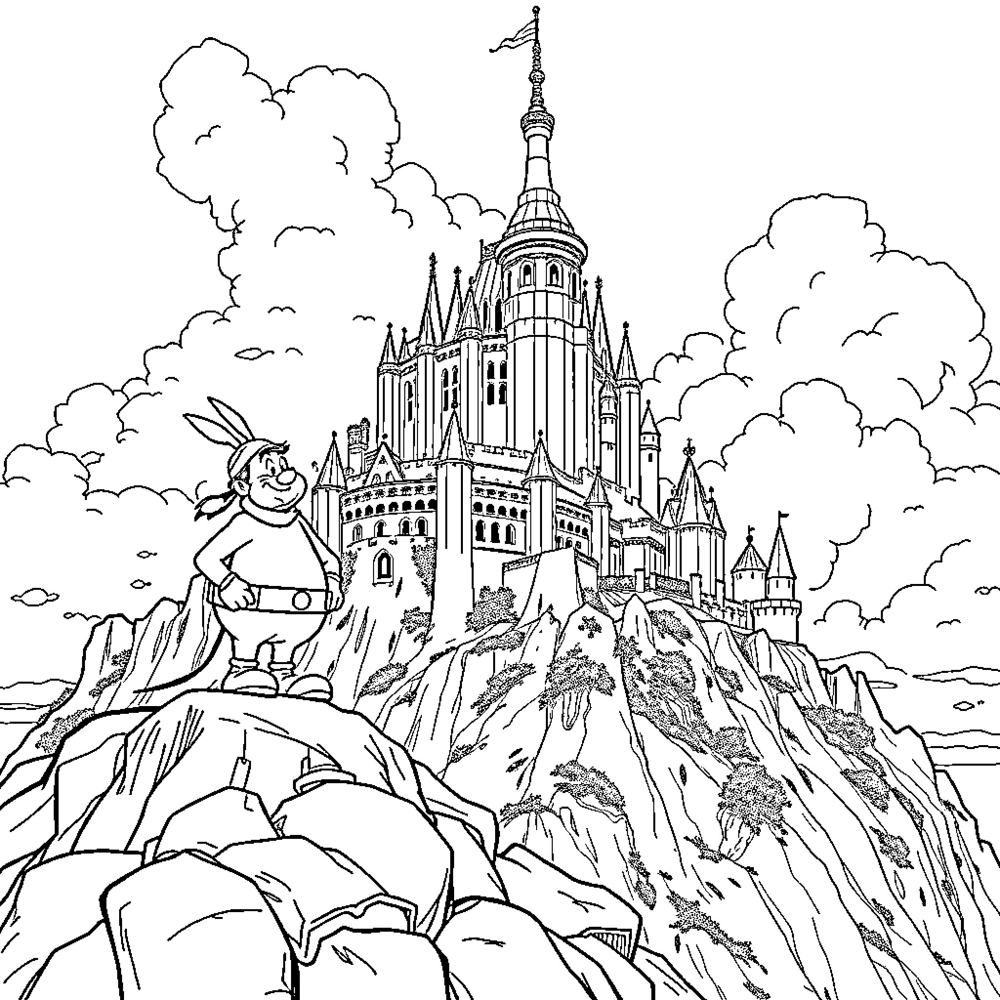 Asterix's Adventure at the Majestic Castle Coloring Page (free black-and-white line drawing printable PDF for all, from beginners to advanced learners, including children, teens, adults, and seniors)