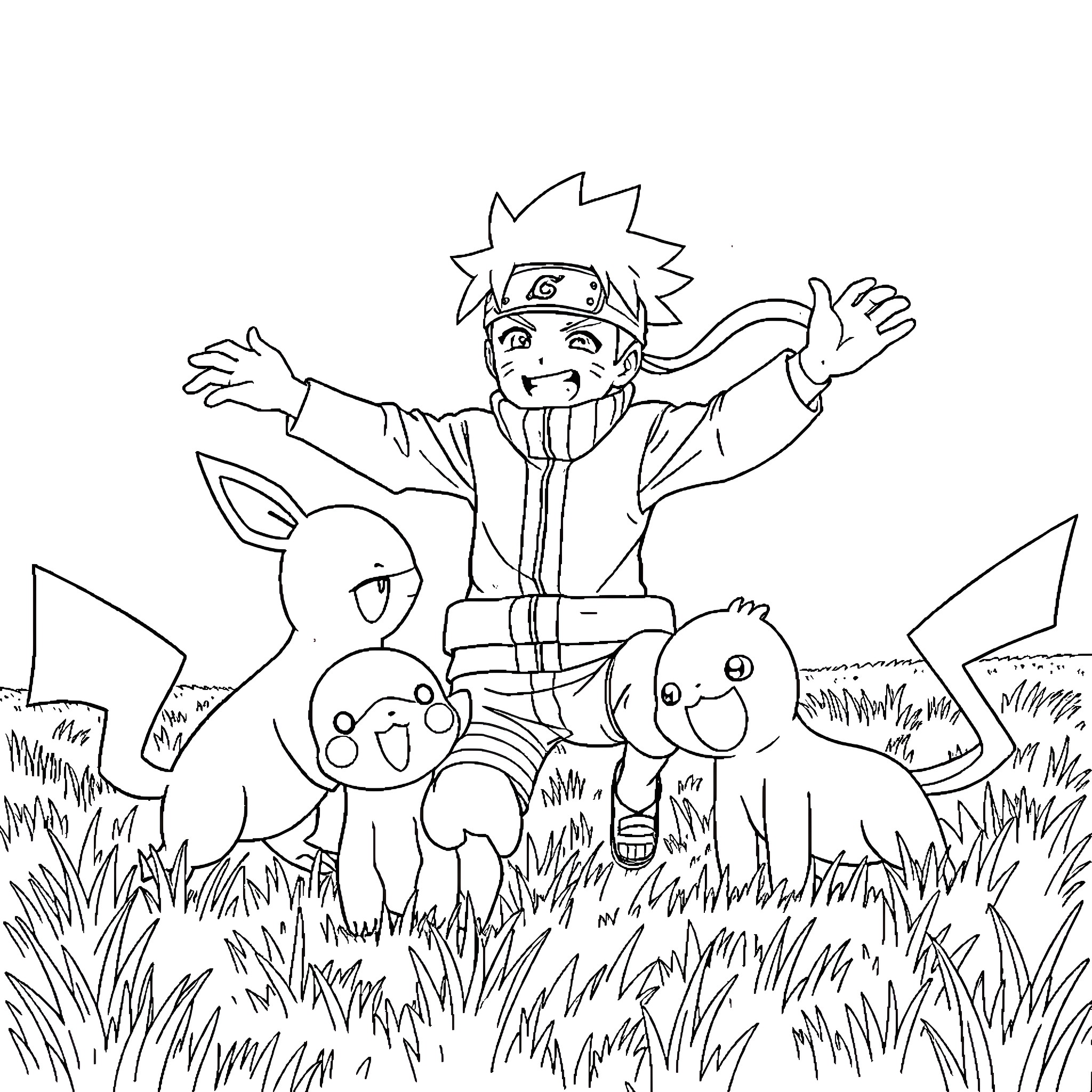 Naruto happily playing with Pokémon companions in the grass Coloring Page (free black-and-white line drawing printable PDF for all, from beginners to advanced learners, including children, teens, adults, and seniors)