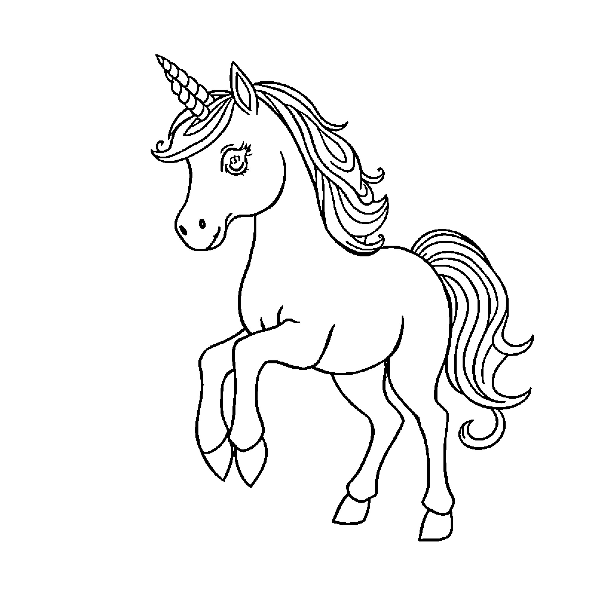 Unicorn standing gracefully in the spotlight Coloring Page (free black-and-white line drawing printable PDF for all, from beginners to advanced learners, including children, teens, adults, and seniors)