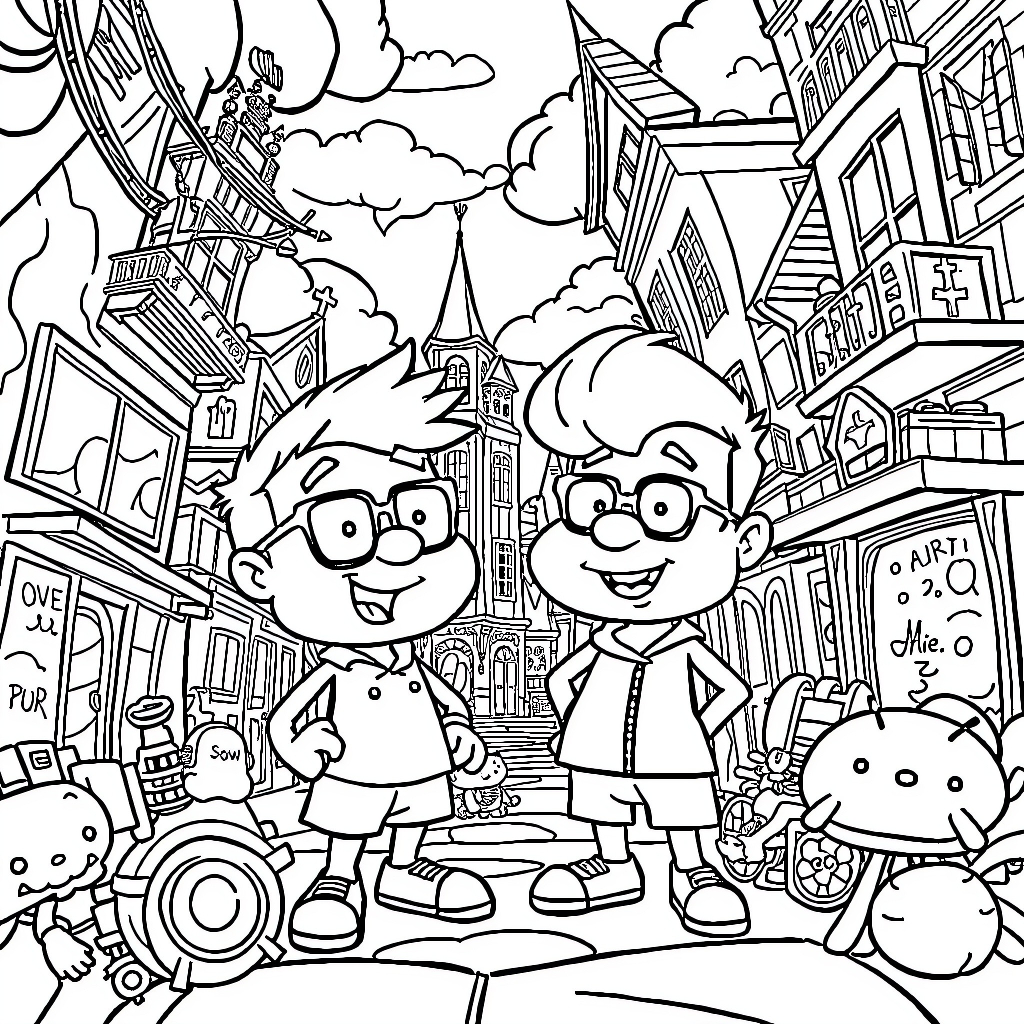 Gumball Characters Exploring Whimsical City Landscape Coloring Page (free black-and-white line drawing printable PDF for all, from beginners to advanced learners, including children, teens, adults, and seniors)