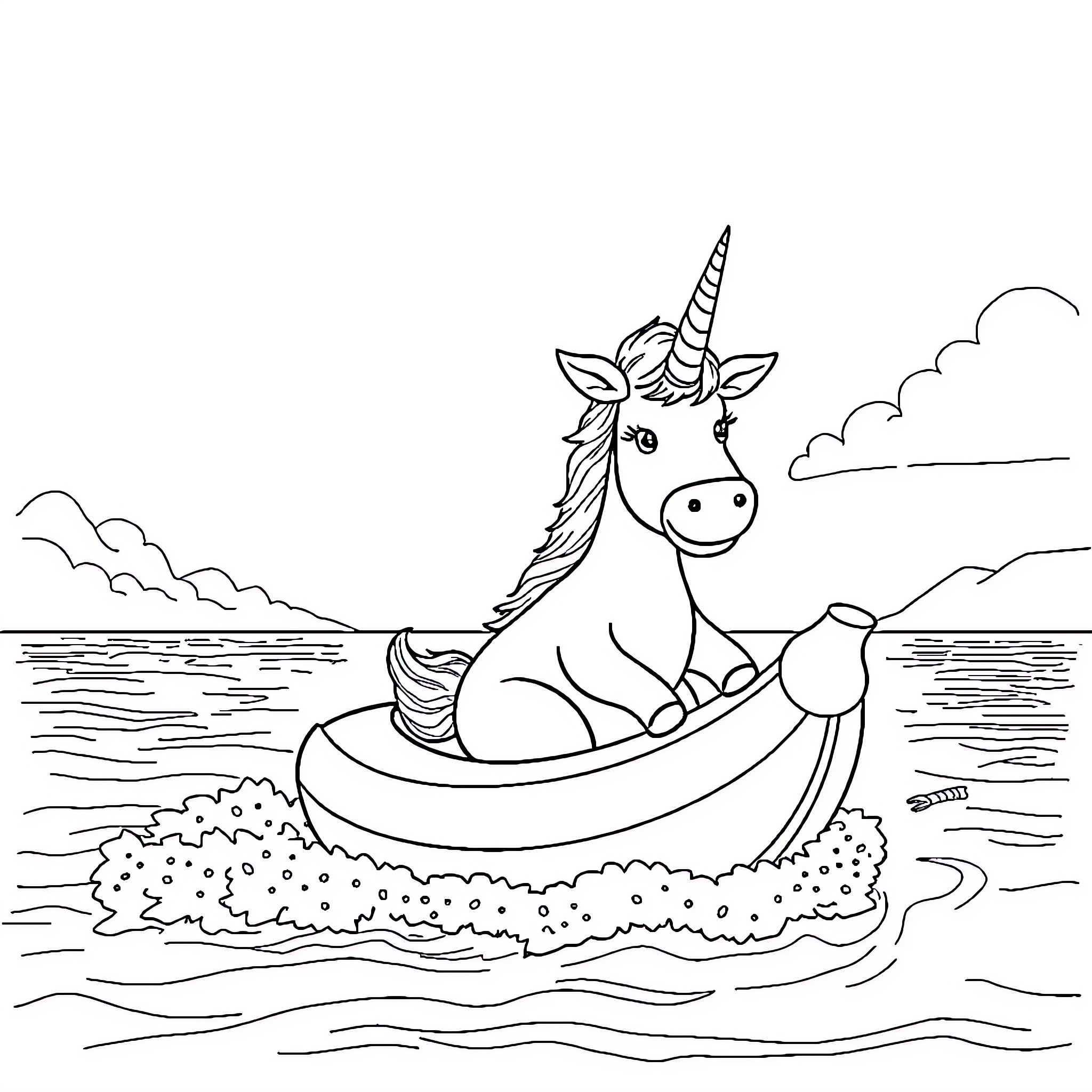 Einhorn relaxing in a boat on the lake Coloring Page (free black-and-white line drawing printable PDF for all, from beginners to advanced learners, including children, teens, adults, and seniors)