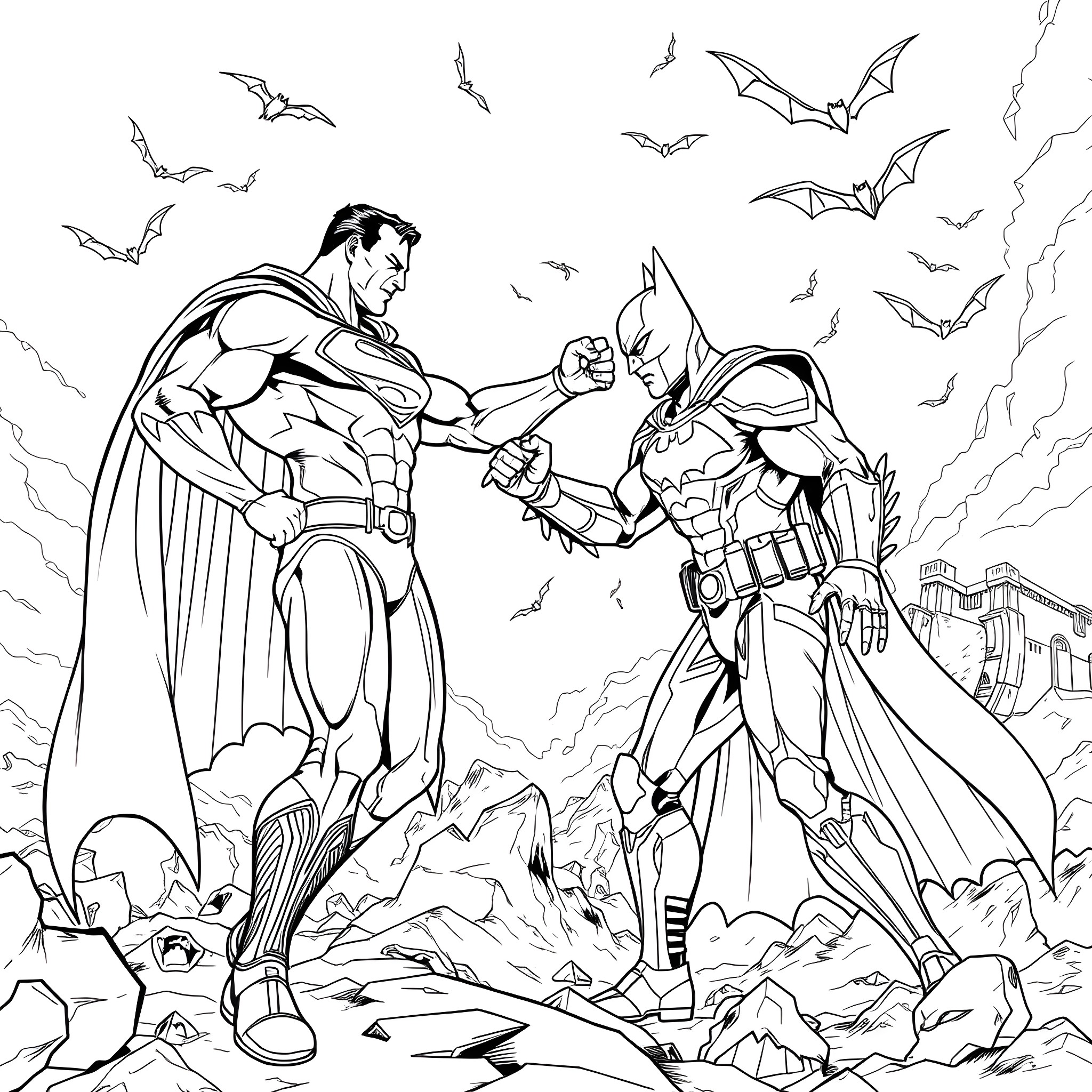 Superman and Superhero Battling in Stormy Sky Coloring Page (free black-and-white line drawing printable PDF for all, from beginners to advanced learners, including children, teens, adults, and seniors)