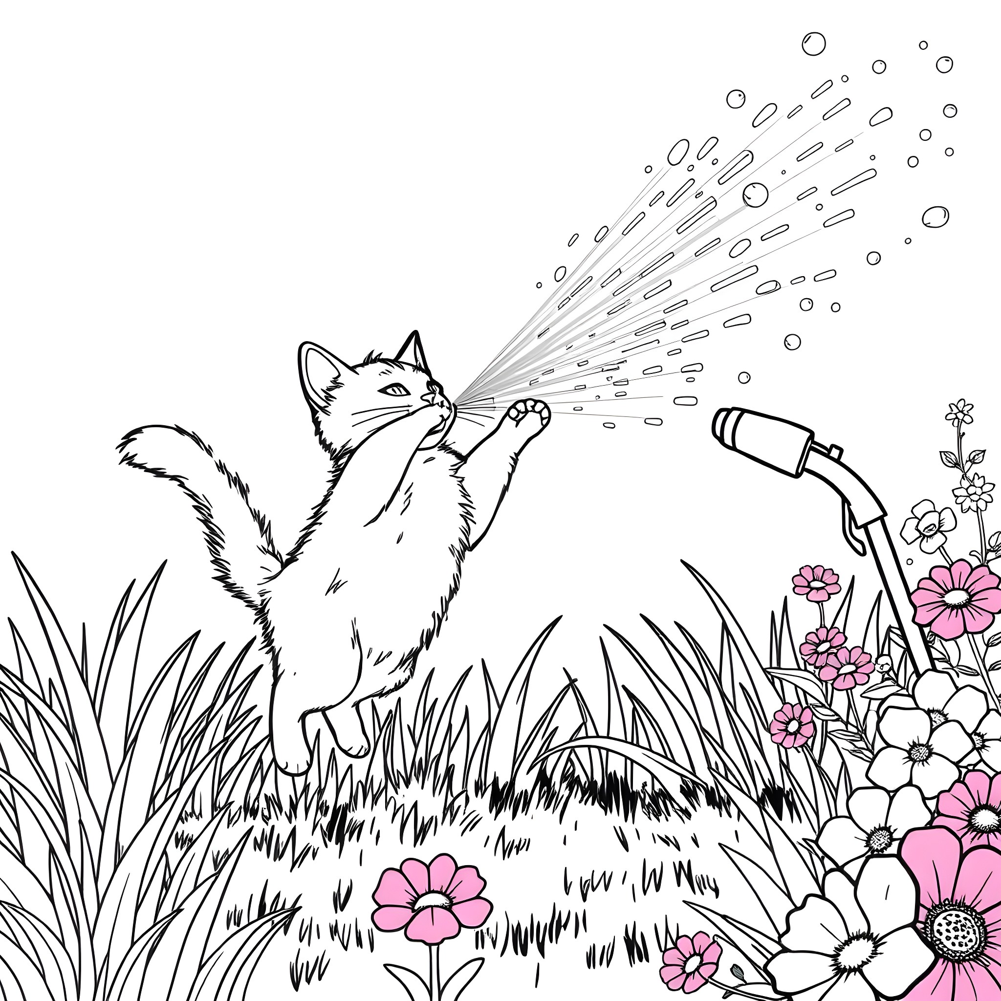 Cat playing with garden hose in flowers Coloring Page (free black-and-white line drawing printable PDF for all, from beginners to advanced learners, including children, teens, adults, and seniors)