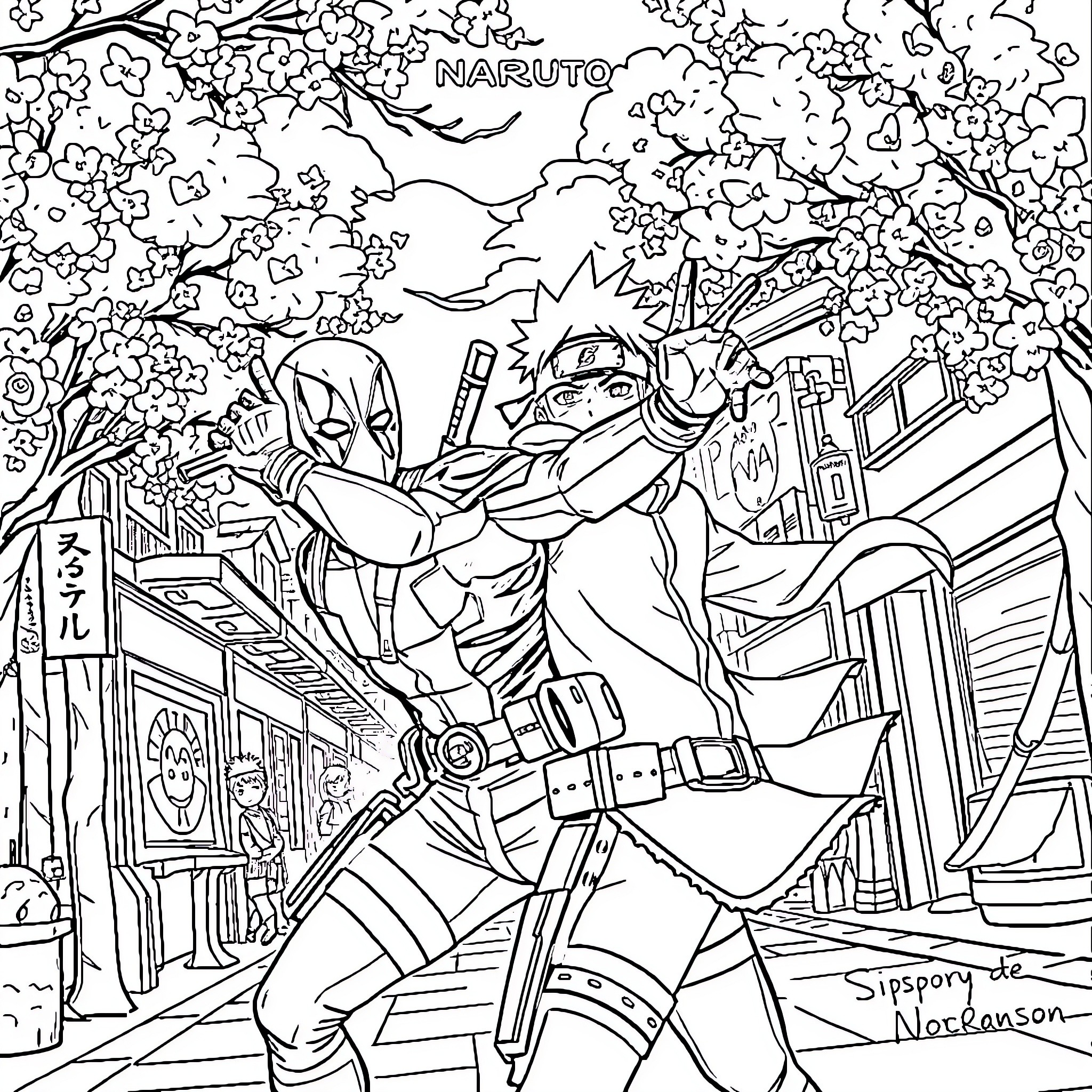 Deadpool in an action-packed Naruto scene Coloring Page (free black-and-white line drawing printable PDF for all, from beginners to advanced learners, including children, teens, adults, and seniors)