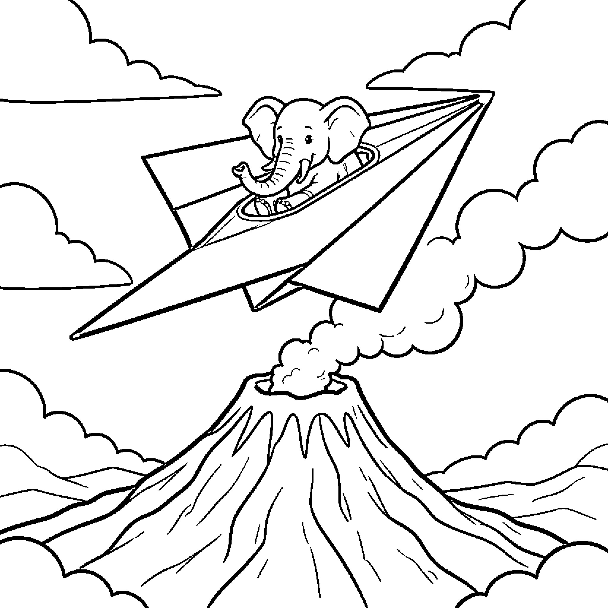 Paper Airplane carrying an elephant over a volcano Coloring Page (free black-and-white line drawing printable PDF for all, from beginners to advanced learners, including children, teens, adults, and seniors)