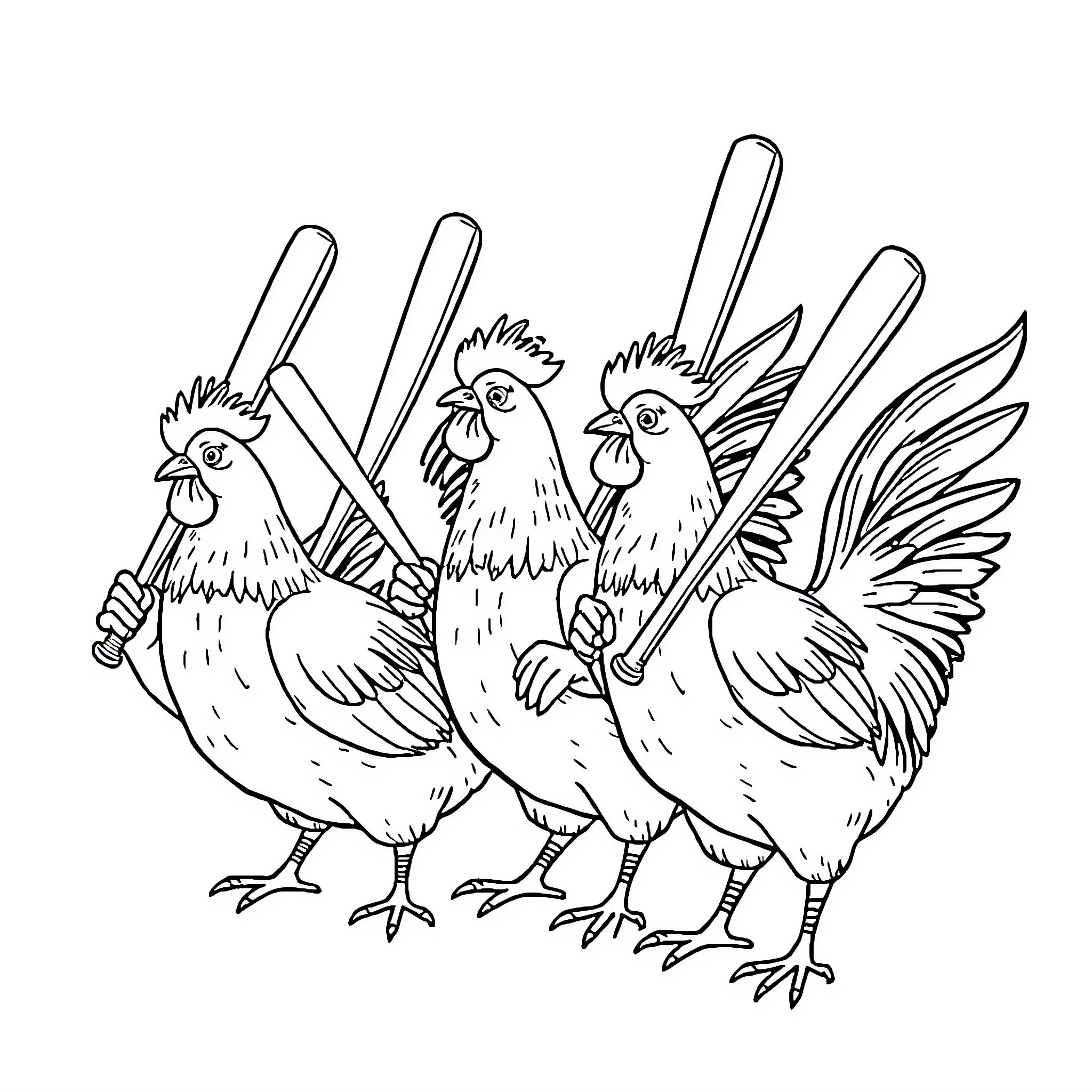Chicken Trio with Amusing Expressions Coloring Page (free black-and-white line drawing printable PDF for all, from beginners to advanced learners, including children, teens, adults, and seniors)