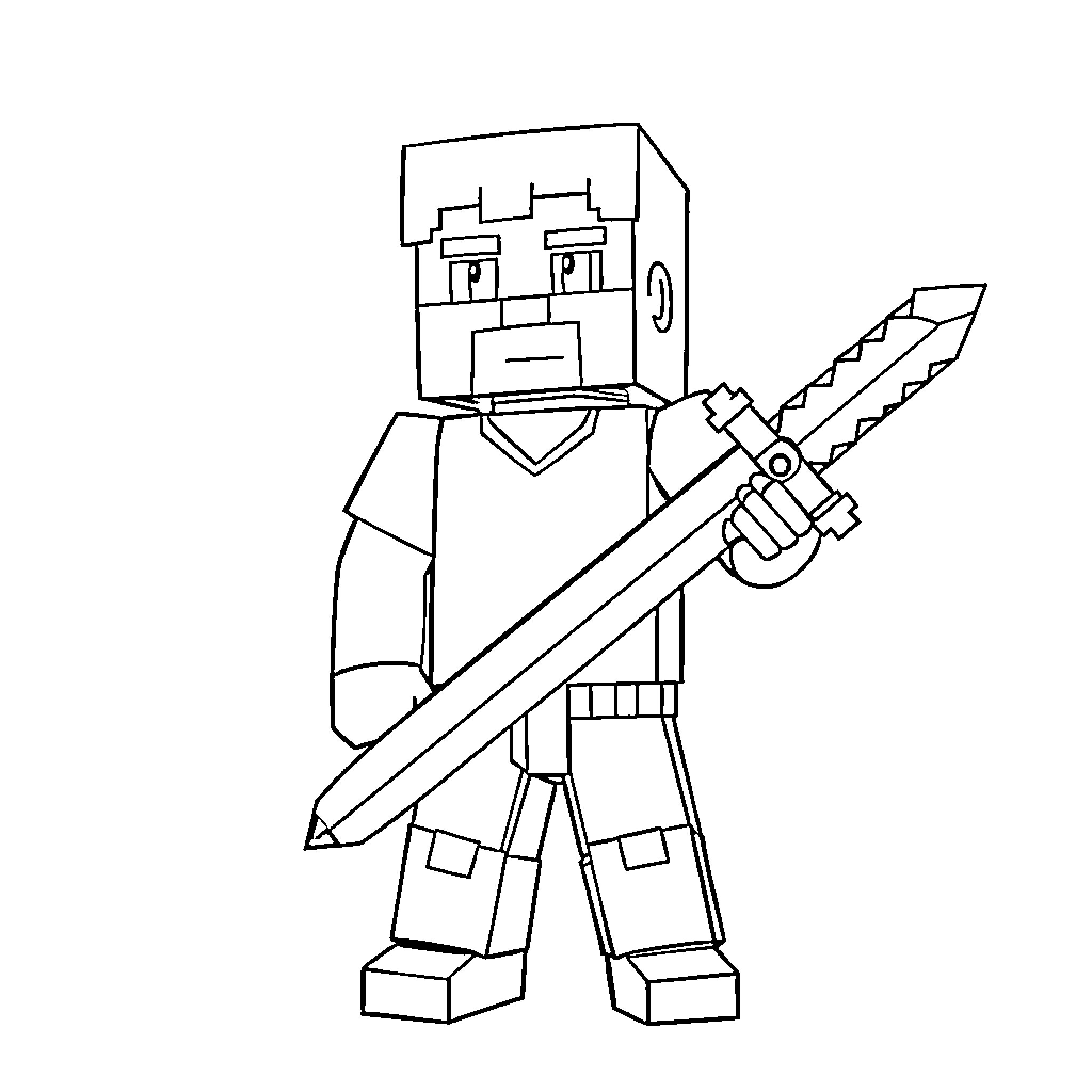 Minecraft Steve wielding a large sword Coloring Page (free black-and-white line drawing printable PDF for all, from beginners to advanced learners, including children, teens, adults, and seniors)