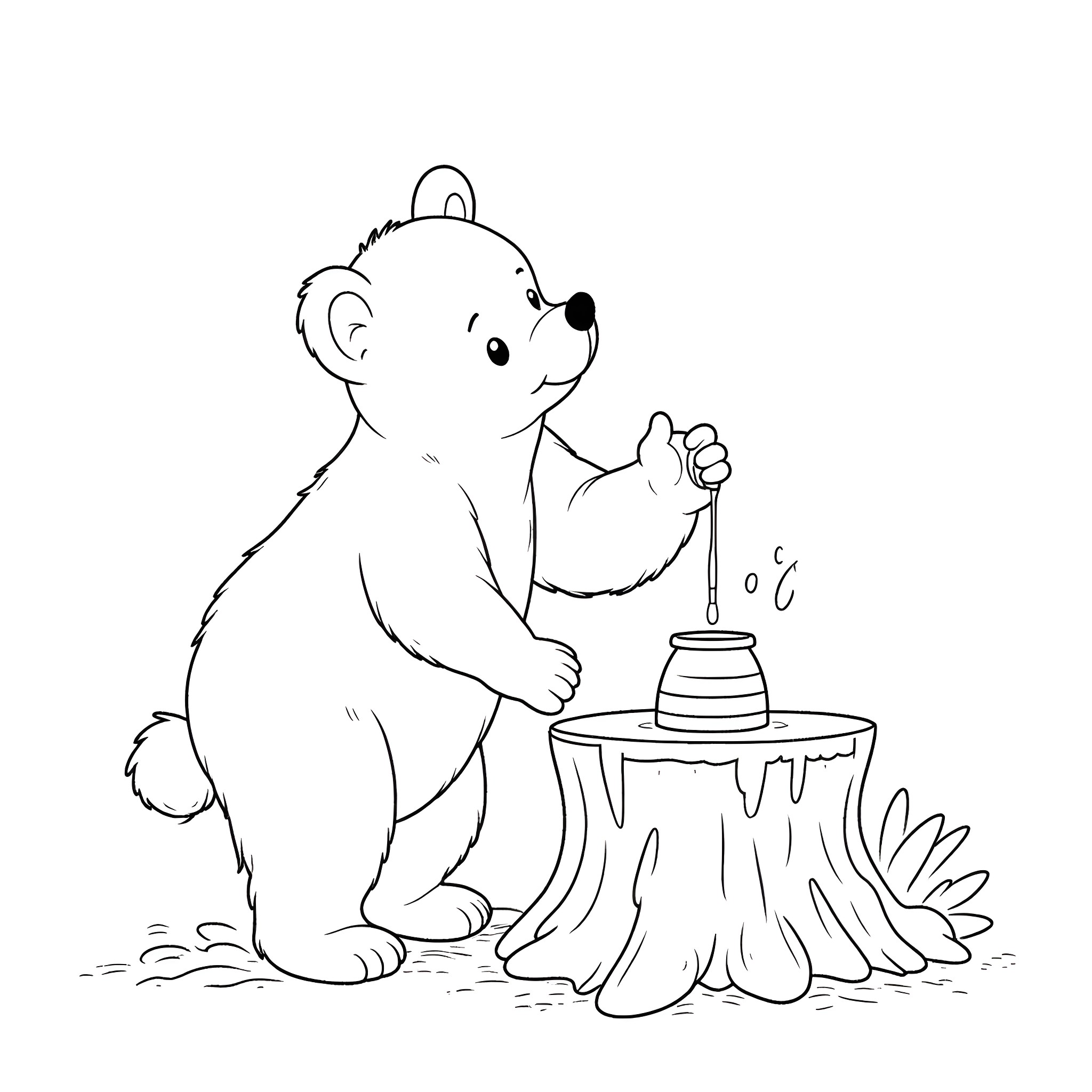 Bear drinking honey from a tree stump Coloring Page (free black-and-white line drawing printable PDF for all, from beginners to advanced learners, including children, teens, adults, and seniors)