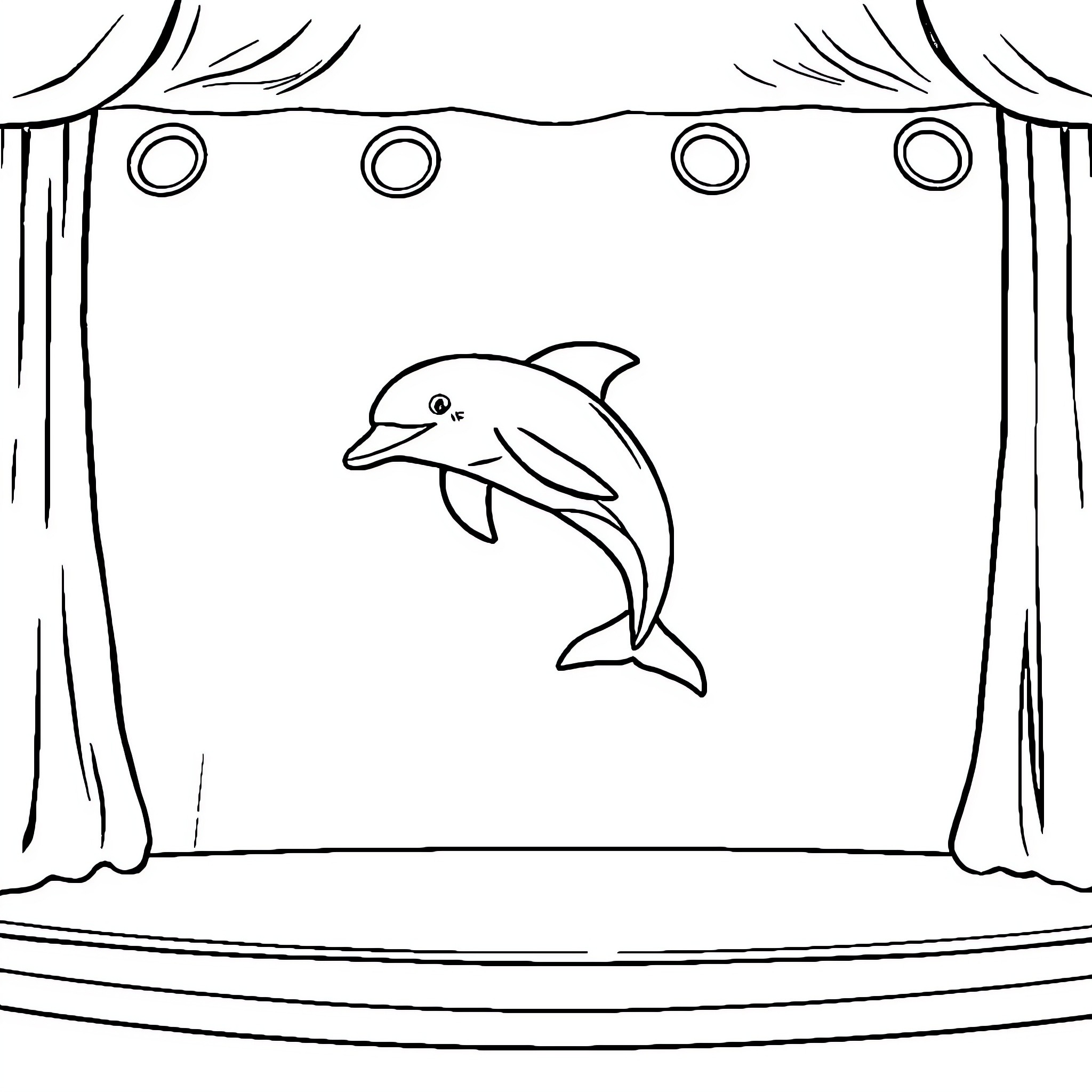 Dolphin performing on stage Coloring Page (free black-and-white line drawing printable PDF for all, from beginners to advanced learners, including children, teens, adults, and seniors)