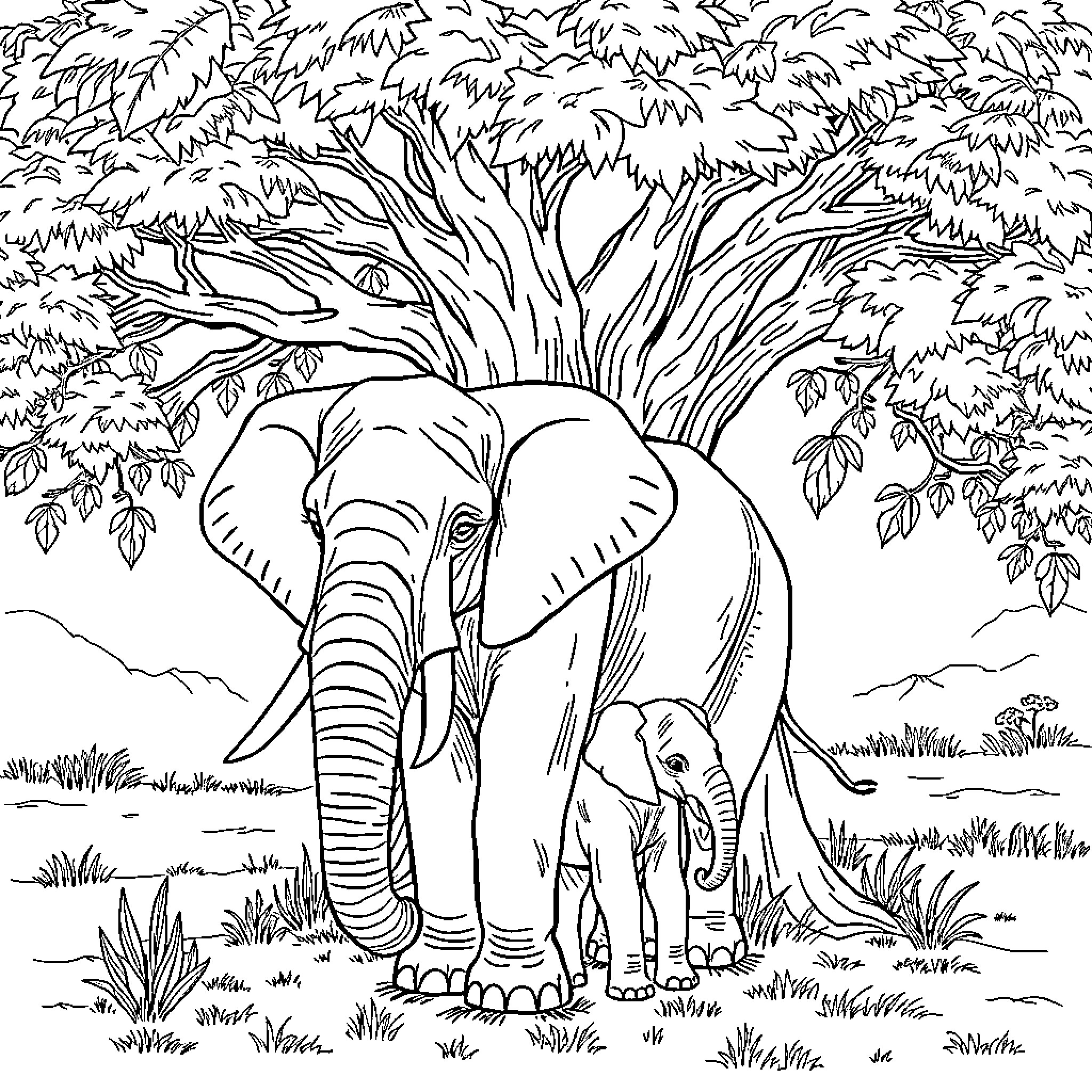 Elephant family in the jungle Coloring Page (free black-and-white line drawing printable PDF for all, from beginners to advanced learners, including children, teens, adults, and seniors)