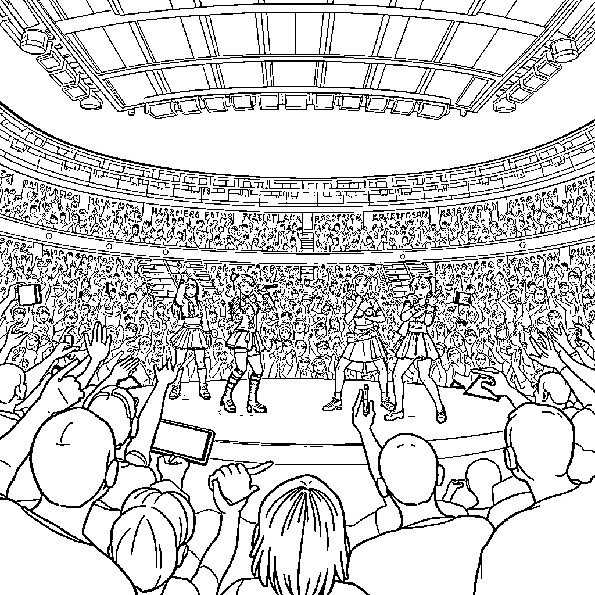 K Pop Warrior Performing on Stage Before Cheering Crowd Coloring Page (free black-and-white line drawing printable PDF for all, from beginners to advanced learners, including children, teens, adults, and seniors)