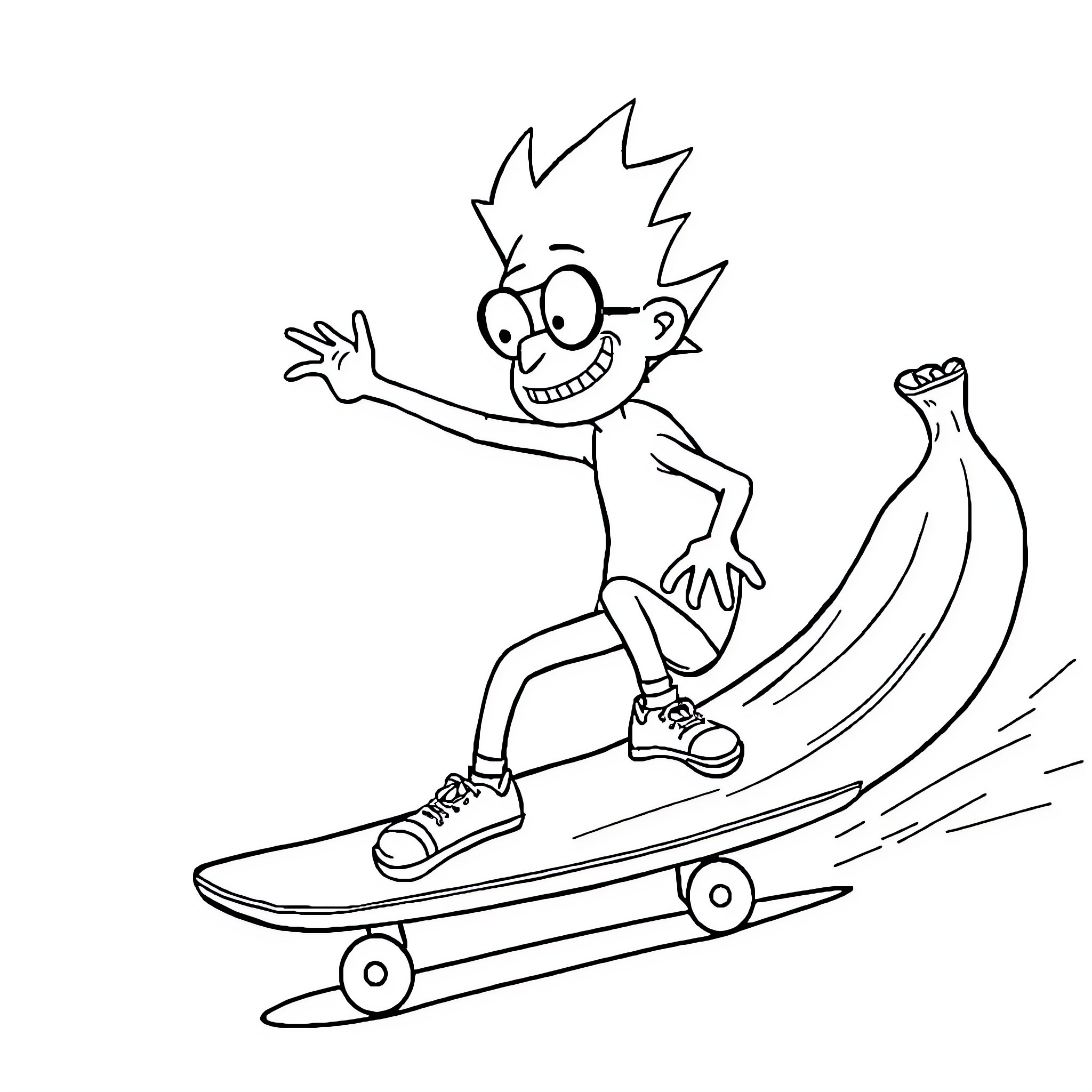 Cornichon skateboarding with exuberance Coloring Page (free black-and-white line drawing printable PDF for all, from beginners to advanced learners, including children, teens, adults, and seniors)
