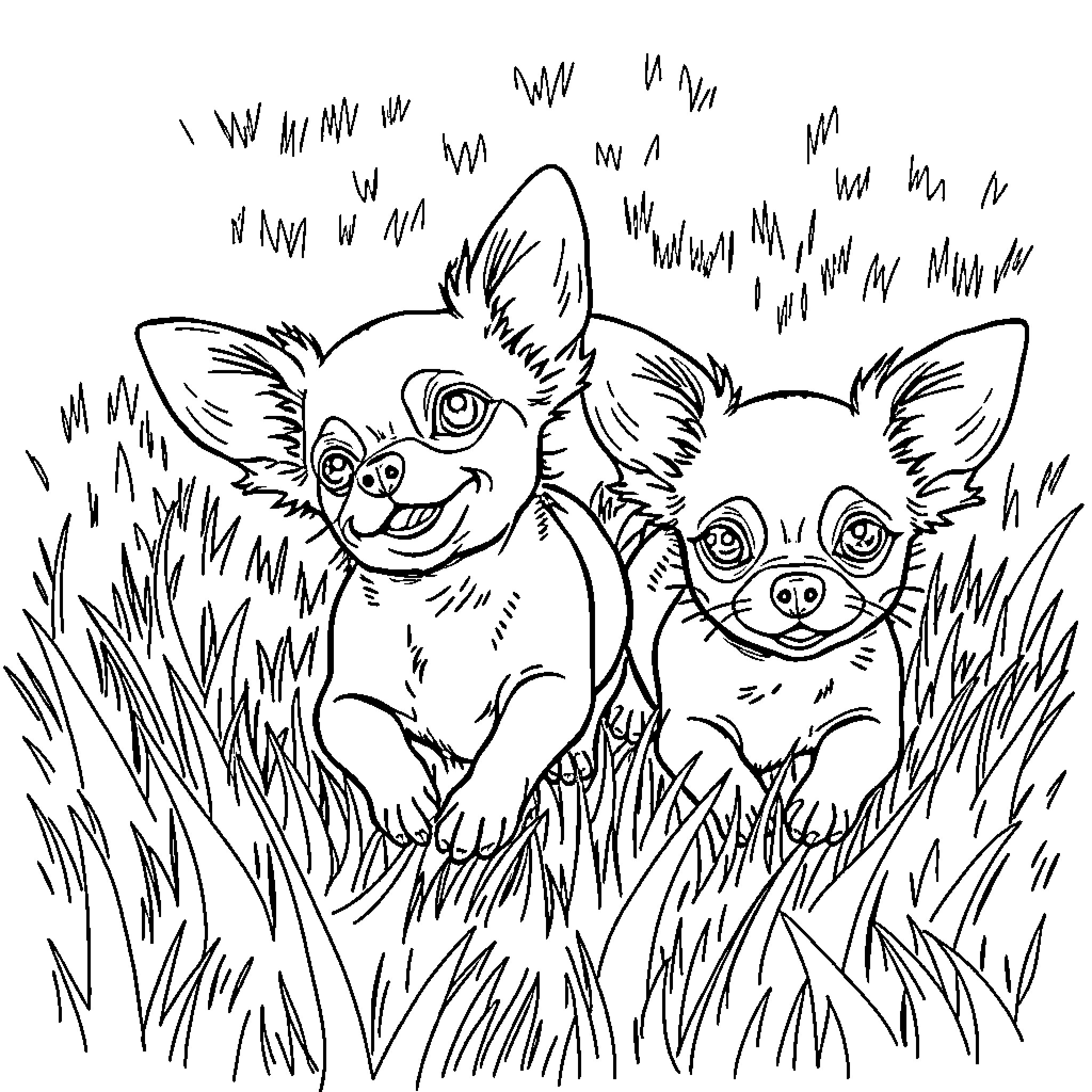 Chihuahuas playing happily in the grass Coloring Page (free black-and-white line drawing printable PDF for all, from beginners to advanced learners, including children, teens, adults, and seniors)