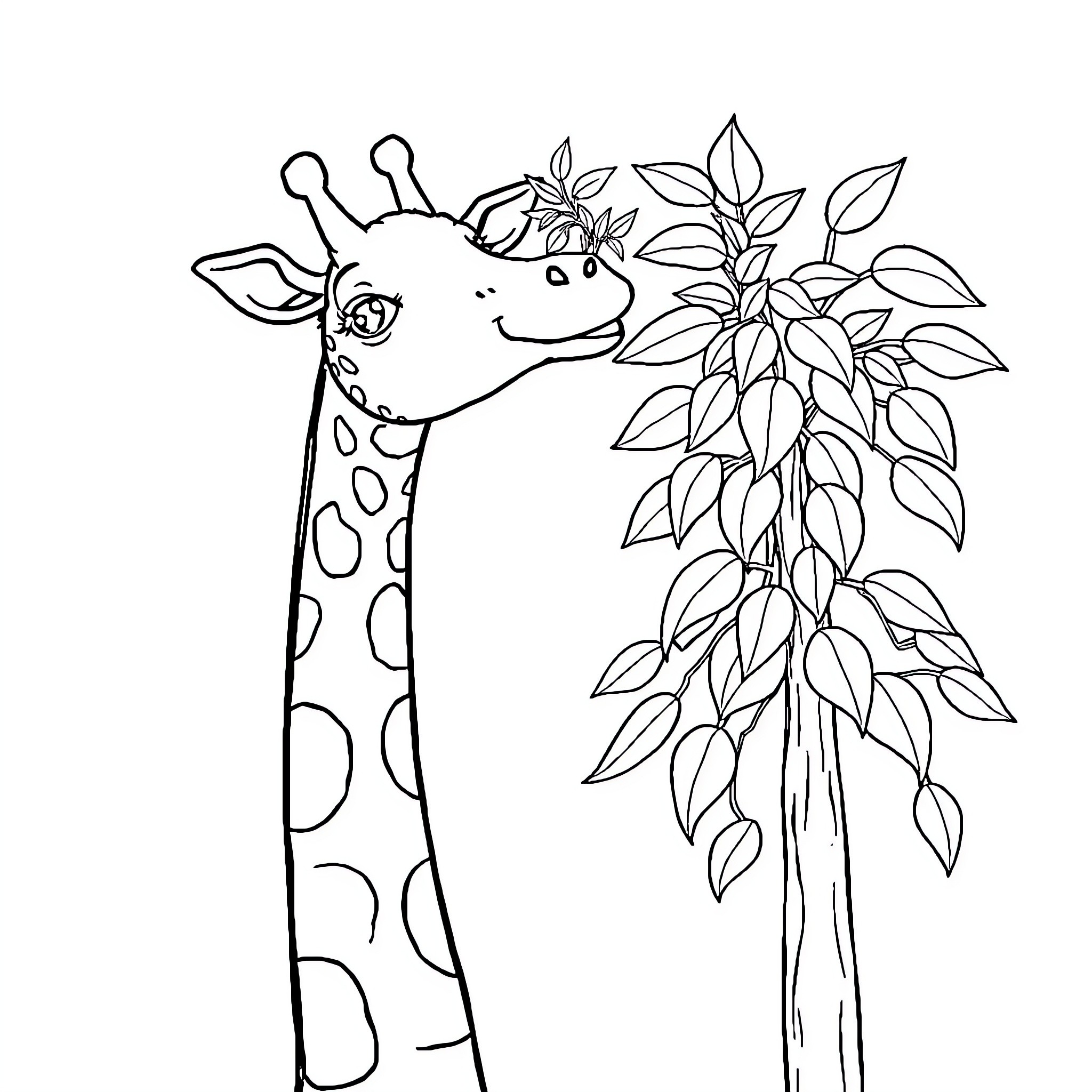 Giraffe admiring the flower leaves Coloring Page (free black-and-white line drawing printable PDF for all, from beginners to advanced learners, including children, teens, adults, and seniors)