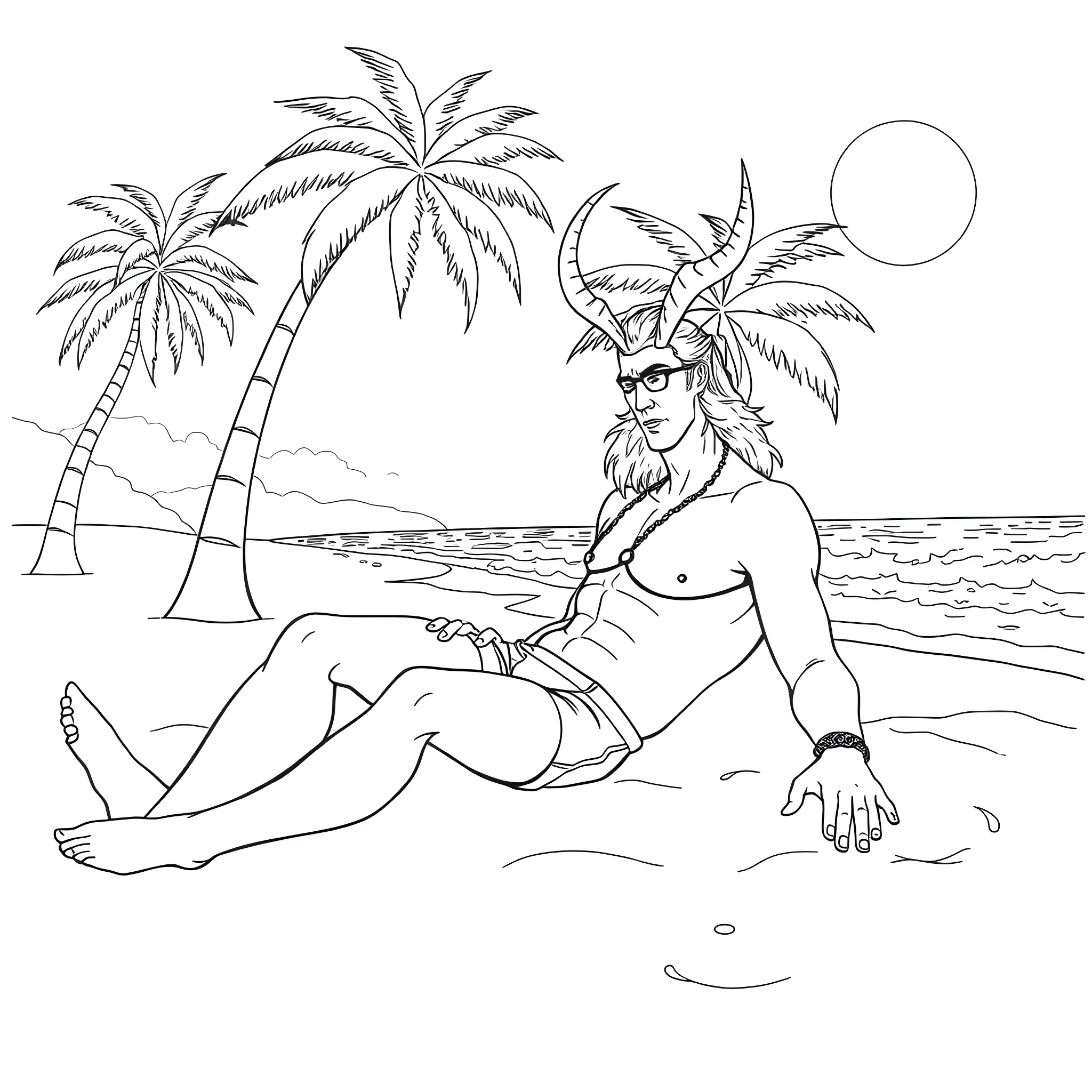 Loki relaxing on the beach under the sun Coloring Page (free black-and-white line drawing printable PDF for all, from beginners to advanced learners, including children, teens, adults, and seniors)