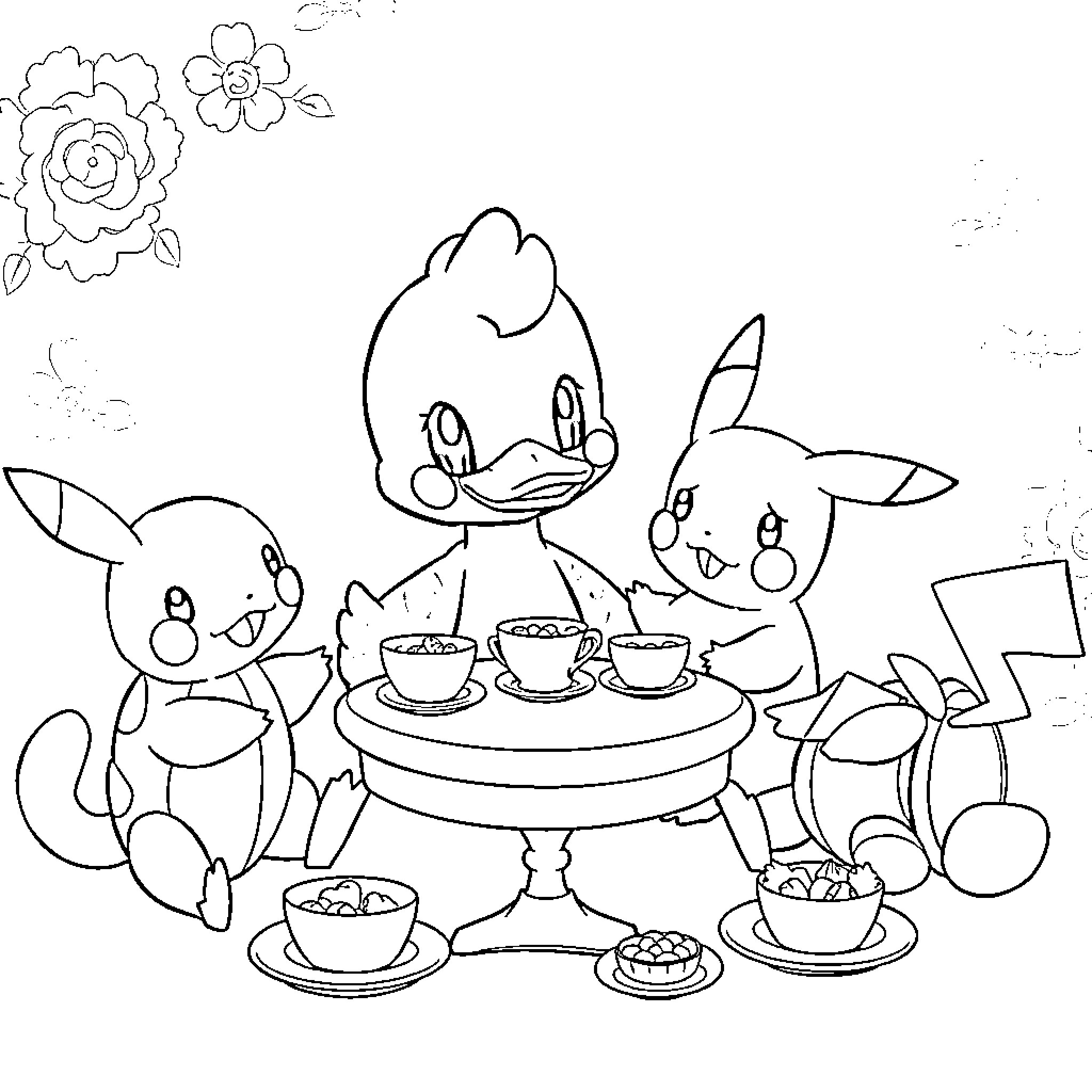 Psyduck and friends enjoying a tea party Coloring Page (free black-and-white line drawing printable PDF for all, from beginners to advanced learners, including children, teens, adults, and seniors)