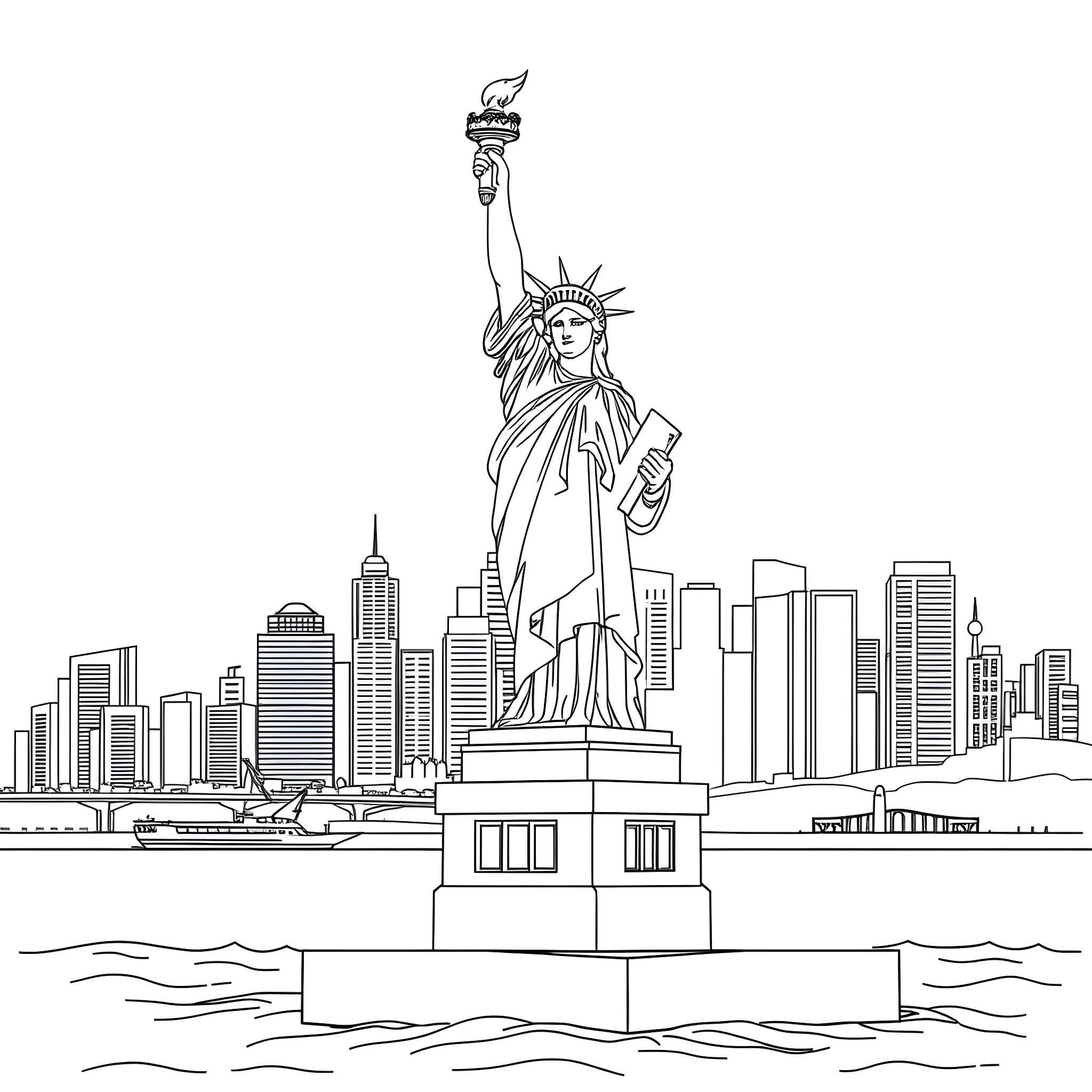 Statue Of Liberty standing tall amidst the cityscape Coloring Page (free black-and-white line drawing printable PDF for all, from beginners to advanced learners, including children, teens, adults, and seniors)