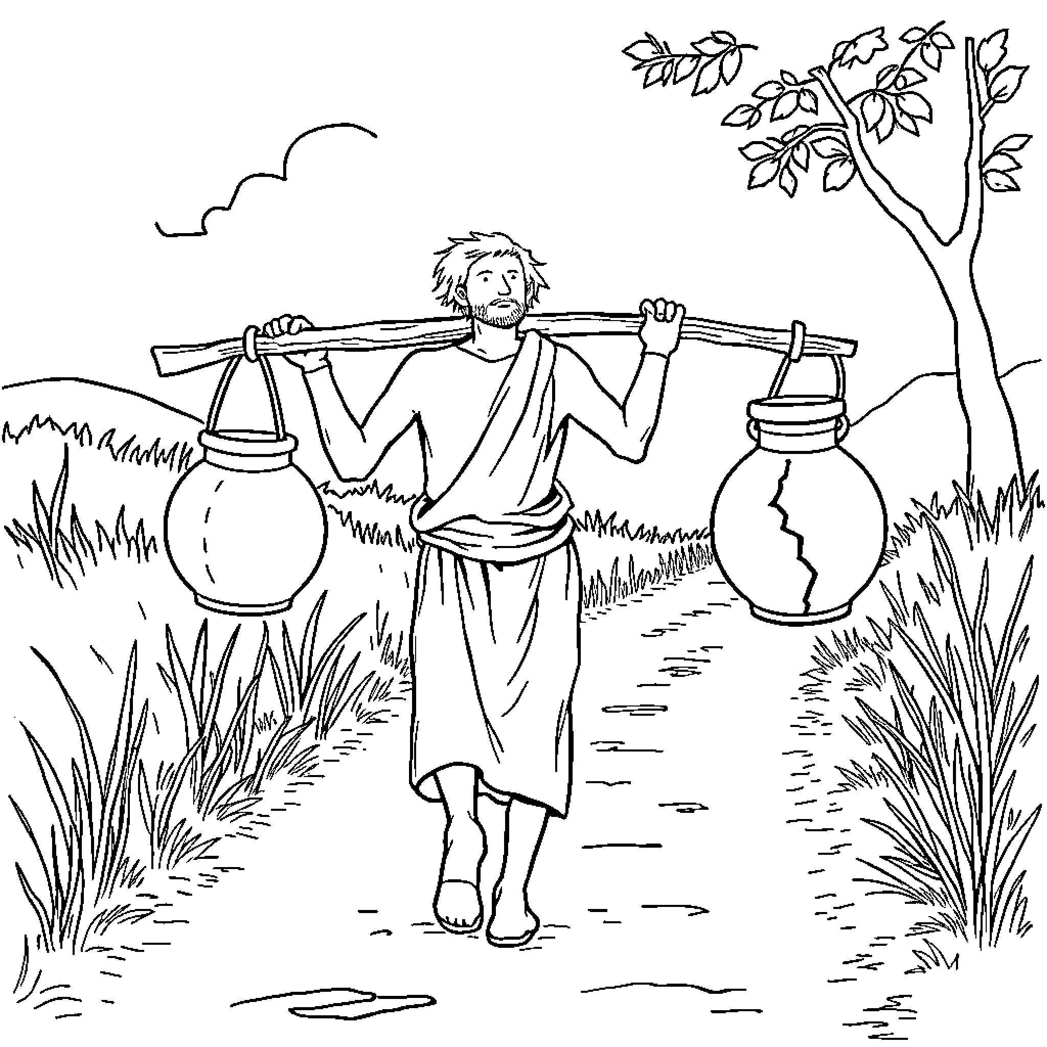 Pot Carrying Man Traversing Countryside Path Coloring Page (free black-and-white line drawing printable PDF for all, from beginners to advanced learners, including children, teens, adults, and seniors)