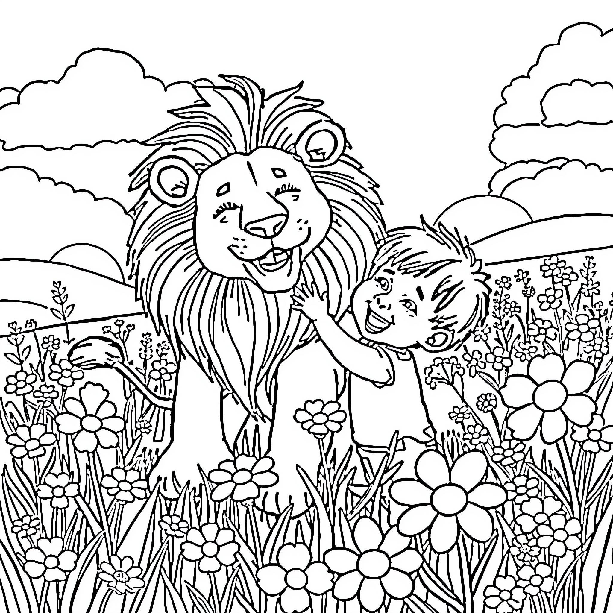 Lion happily playing in a colorful garden Coloring Page (free black-and-white line drawing printable PDF for all, from beginners to advanced learners, including children, teens, adults, and seniors)
