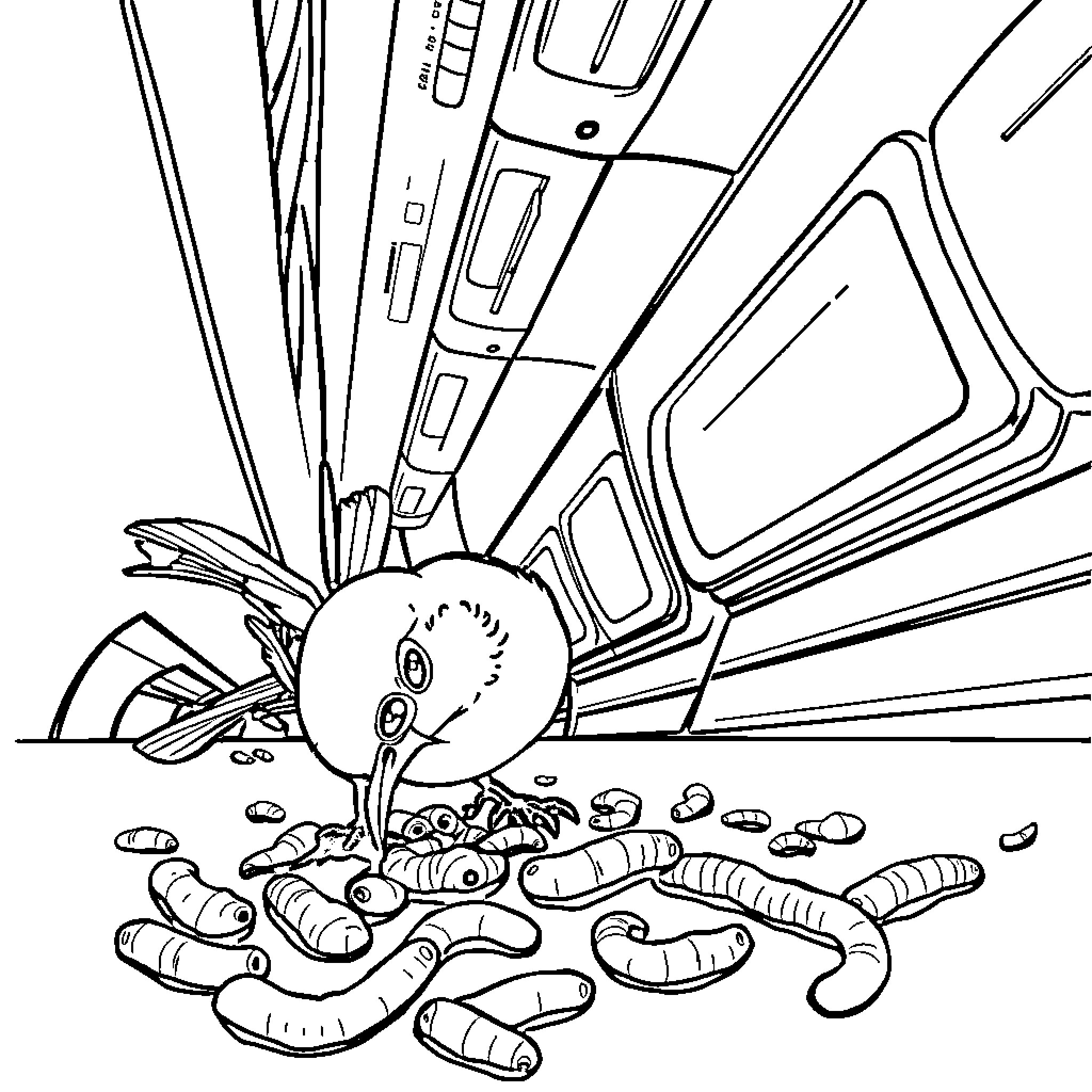 Bird exploring underground structures Coloring Page (free black-and-white line drawing printable PDF for all, from beginners to advanced learners, including children, teens, adults, and seniors)
