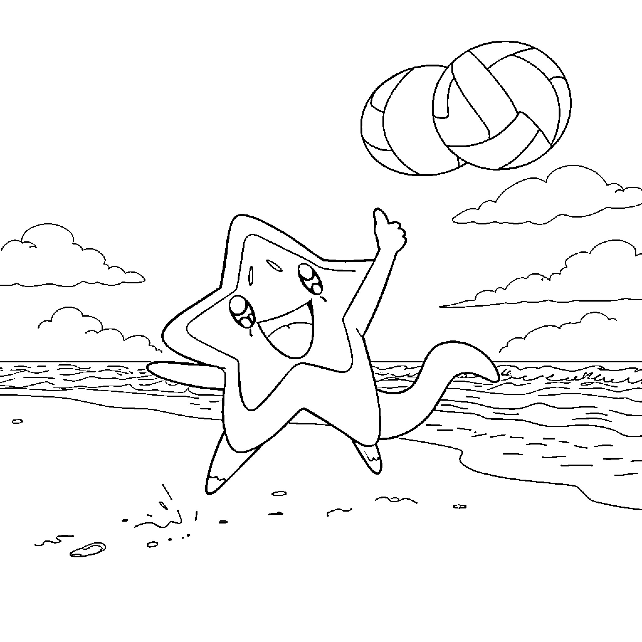 Pokémon star playing joyfully on the beach Coloring Page (free black-and-white line drawing printable PDF for all, from beginners to advanced learners, including children, teens, adults, and seniors)