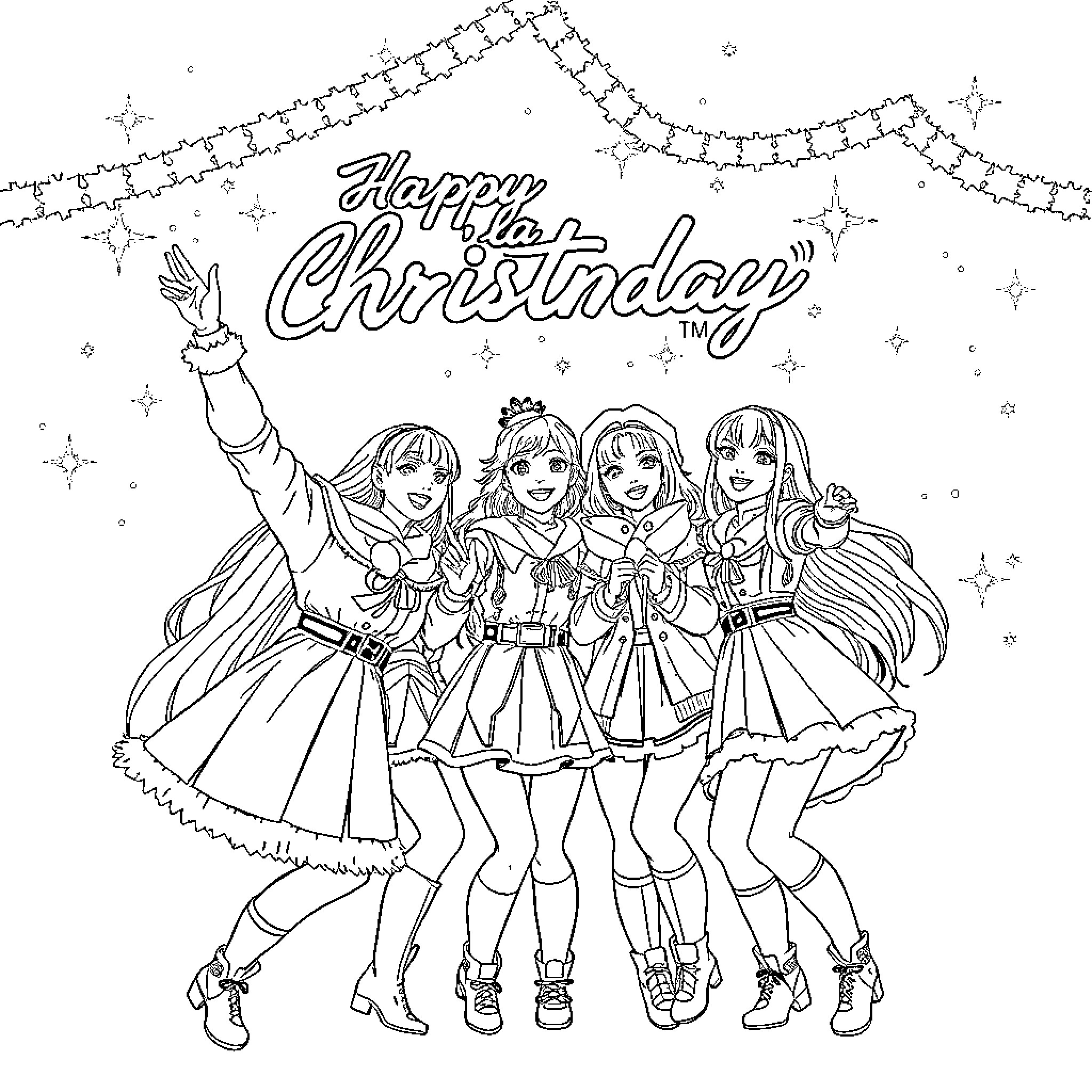 Kpop Warriors Celebrating Joyful Christmas Coloring Page (free black-and-white line drawing printable PDF for all, from beginners to advanced learners, including children, teens, adults, and seniors)