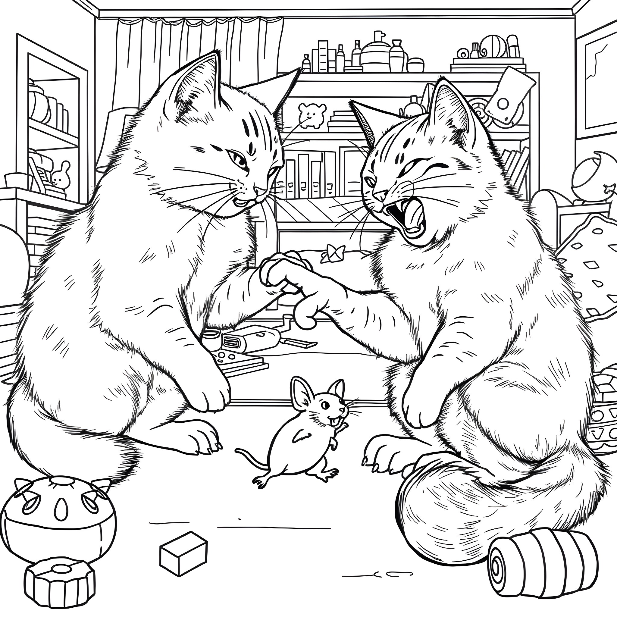 Cat friends playing in a cozy room Coloring Page (free black-and-white line drawing printable PDF for all, from beginners to advanced learners, including children, teens, adults, and seniors)