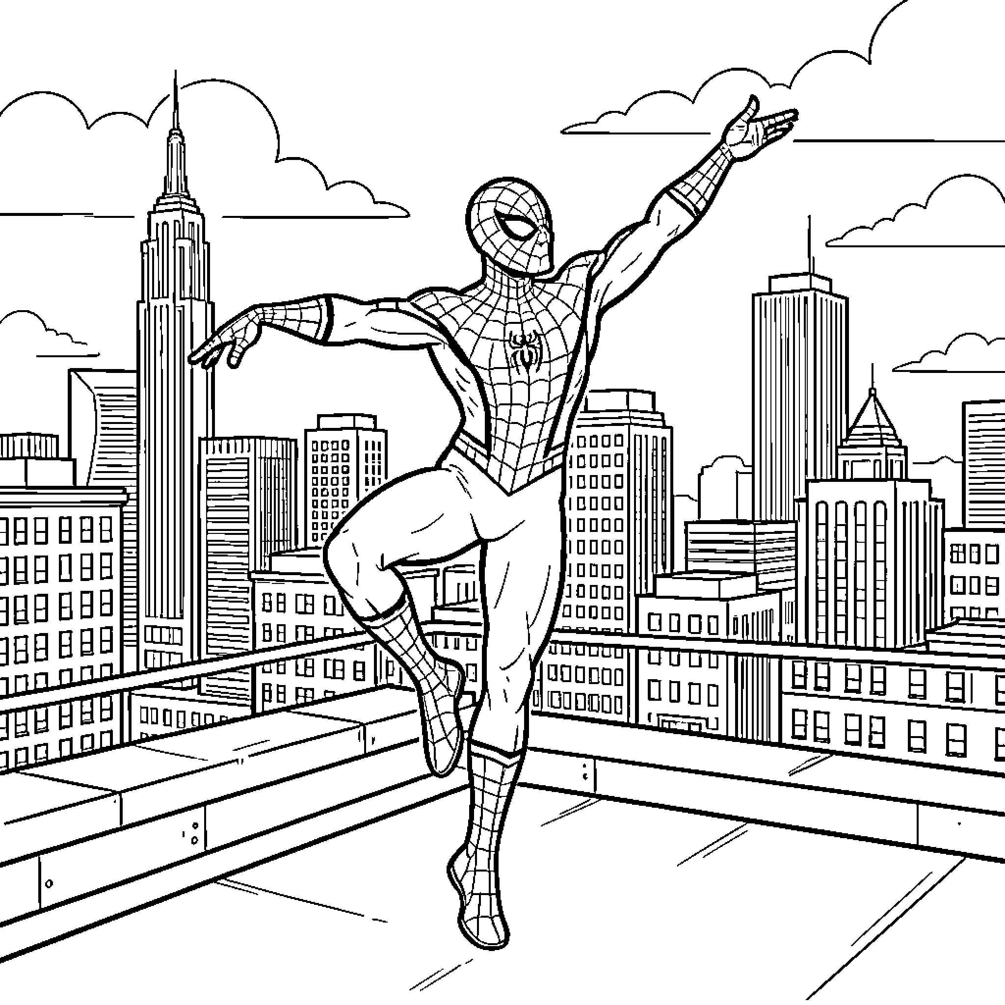 Spider-Man saving the city in action Coloring Page (free black-and-white line drawing printable PDF for all, from beginners to advanced learners, including children, teens, adults, and seniors)