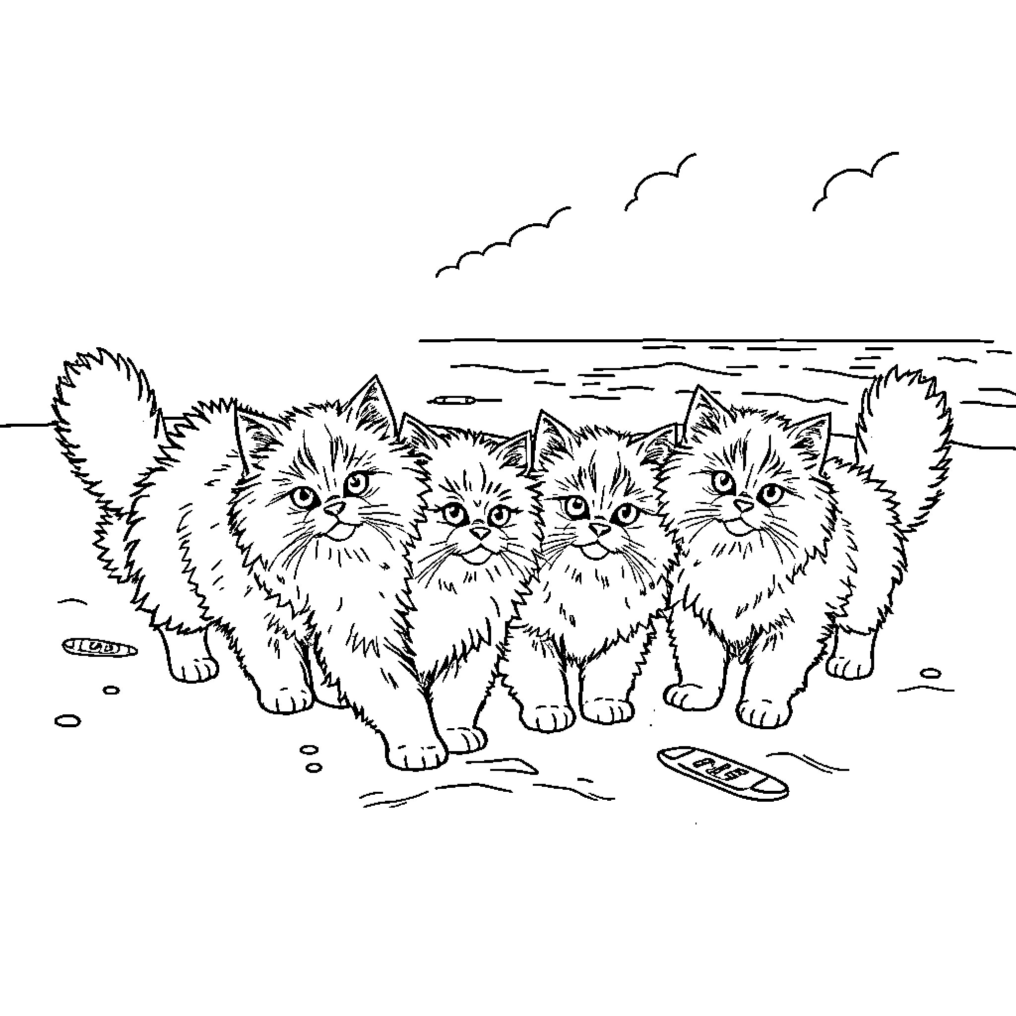 Persian Cats Exploring the Seaside Coloring Page (free black-and-white line drawing printable PDF for all, from beginners to advanced learners, including children, teens, adults, and seniors)