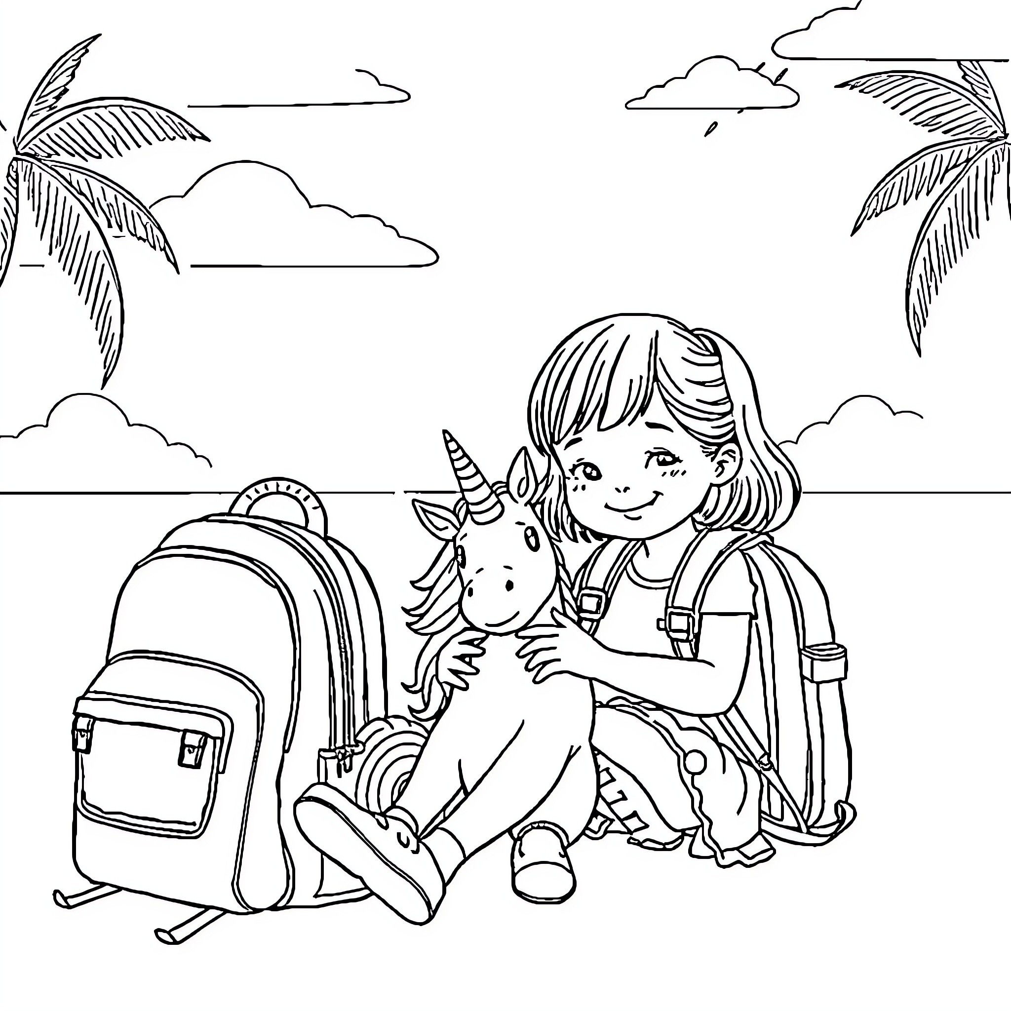 Girl playing with unicorn in tropical scenery Coloring Page (free black-and-white line drawing printable PDF for all, from beginners to advanced learners, including children, teens, adults, and seniors)