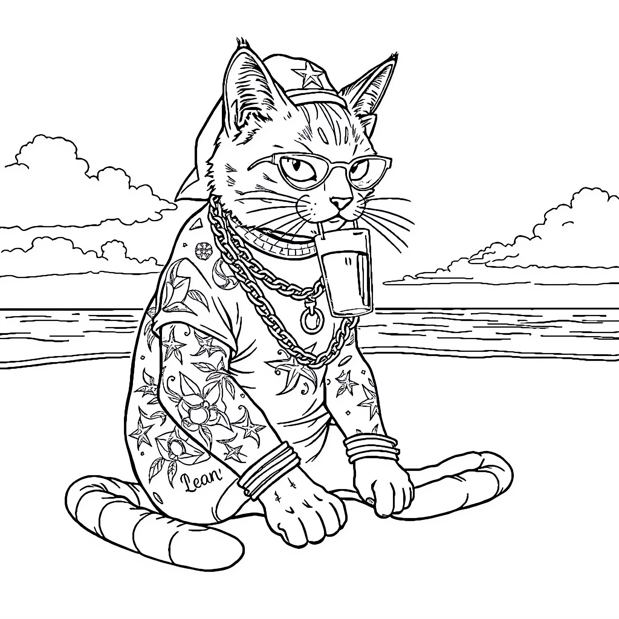 Cat in colorful outfit by the ocean Coloring Page (free black-and-white line drawing printable PDF for all, from beginners to advanced learners, including children, teens, adults, and seniors)