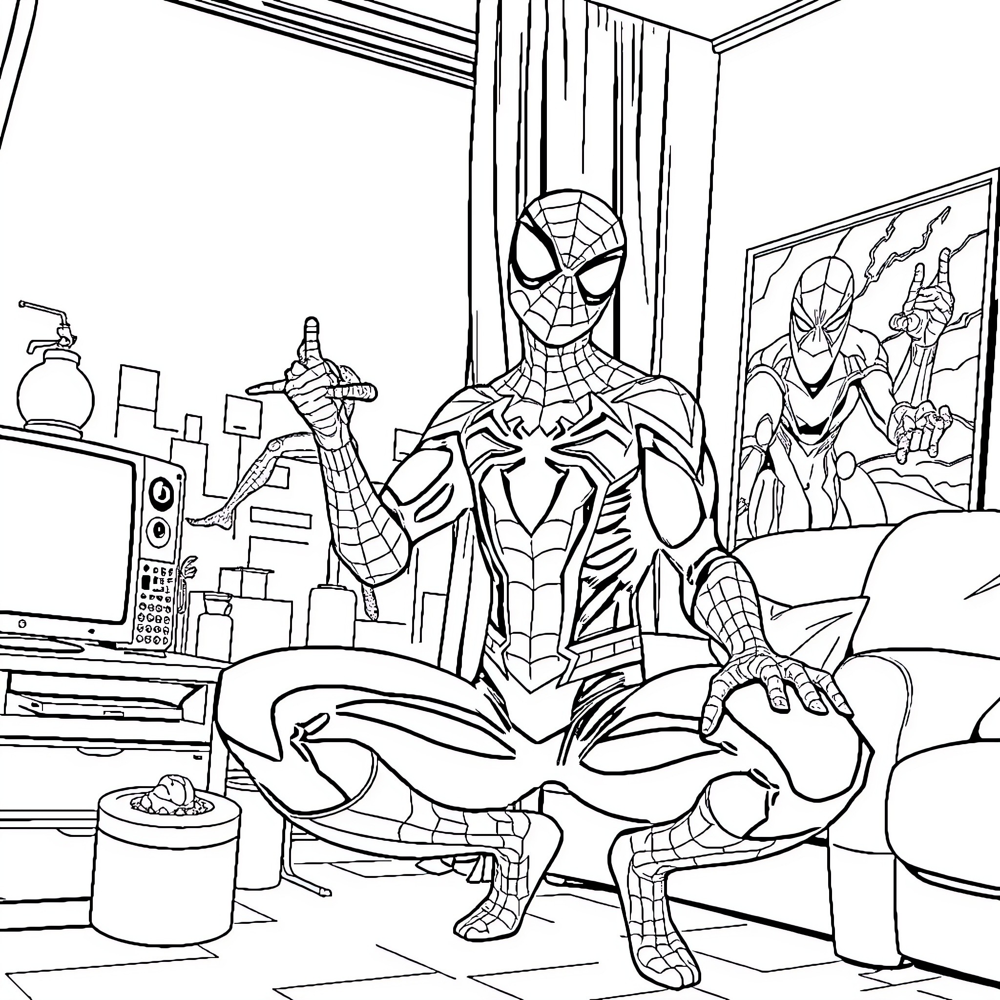 Spider-Man in action-packed room Coloring Page (free black-and-white line drawing printable PDF for all, from beginners to advanced learners, including children, teens, adults, and seniors)