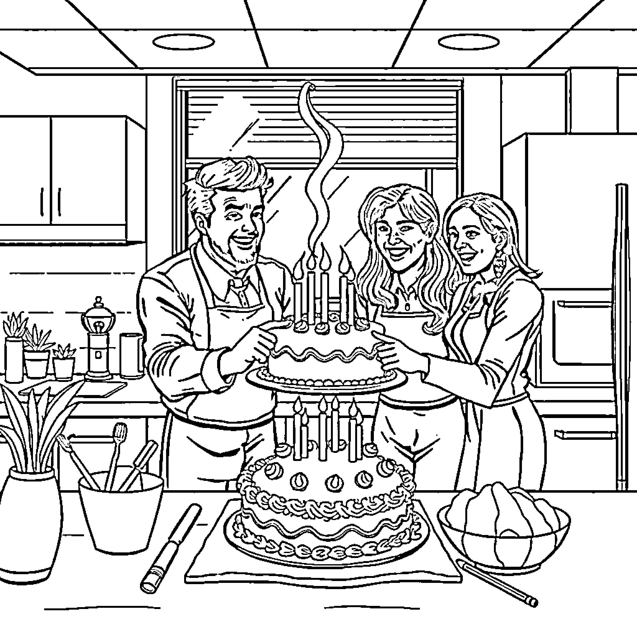 Boss Celebrating Birthday with Family in Kitchen Coloring Page (free black-and-white line drawing printable PDF for all, from beginners to advanced learners, including children, teens, adults, and seniors)